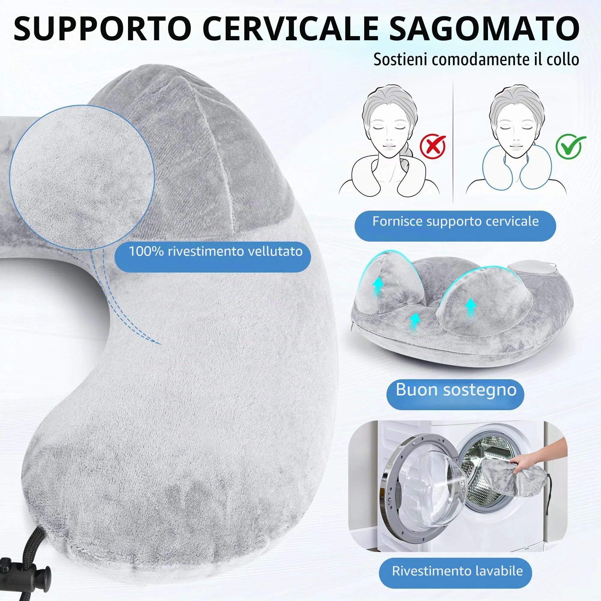KUOGAS Cuscino da Viaggio Gonfiabile, Cuscino Aereo, Cuscino da Viaggio Regolabile e Portatile, Supporto Ergonomico Cuscino Cervicale, Viaggio Accessori utili con Maschera (grigio) - immagine 2