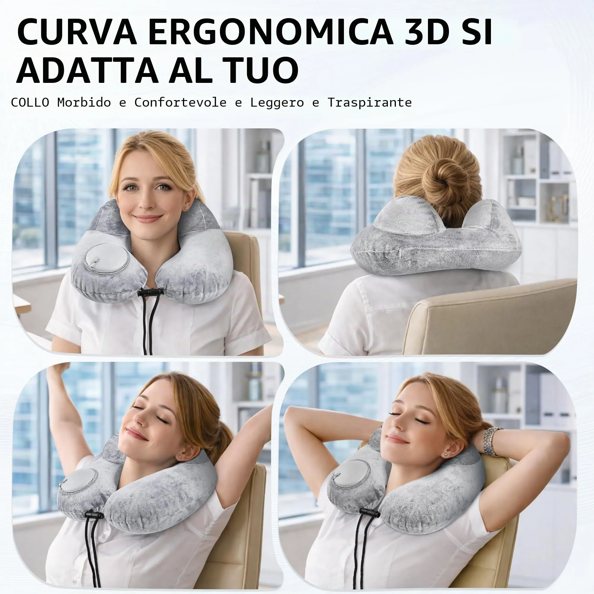KUOGAS Cuscino da Viaggio Gonfiabile, Cuscino Aereo, Cuscino da Viaggio Regolabile e Portatile, Supporto Ergonomico Cuscino Cervicale, Viaggio Accessori utili con Maschera (grigio) - immagine 3