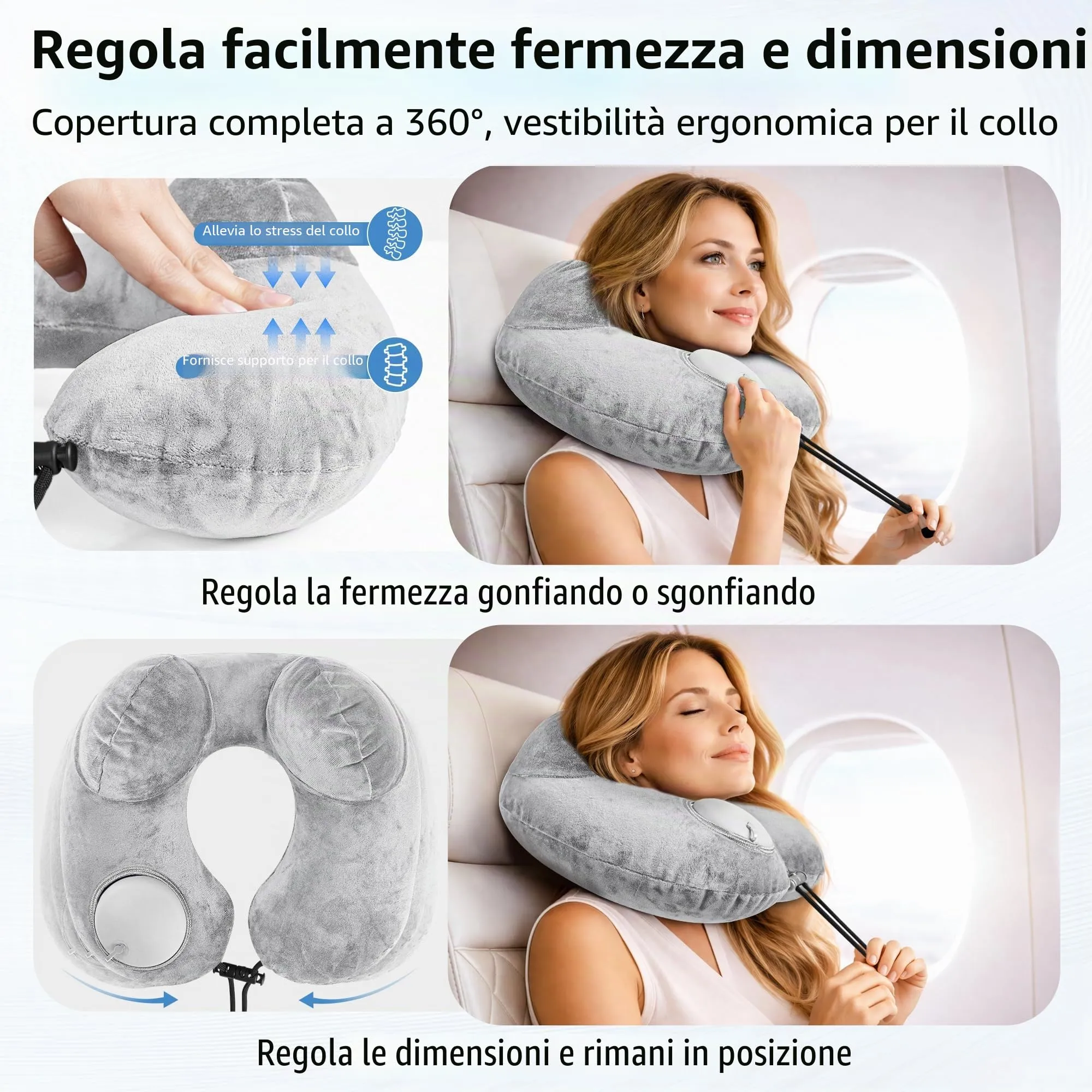 KUOGAS Cuscino da Viaggio Gonfiabile, Cuscino Aereo, Cuscino da Viaggio Regolabile e Portatile, Supporto Ergonomico Cuscino Cervicale, Viaggio Accessori utili con Maschera (grigio) - immagine 4