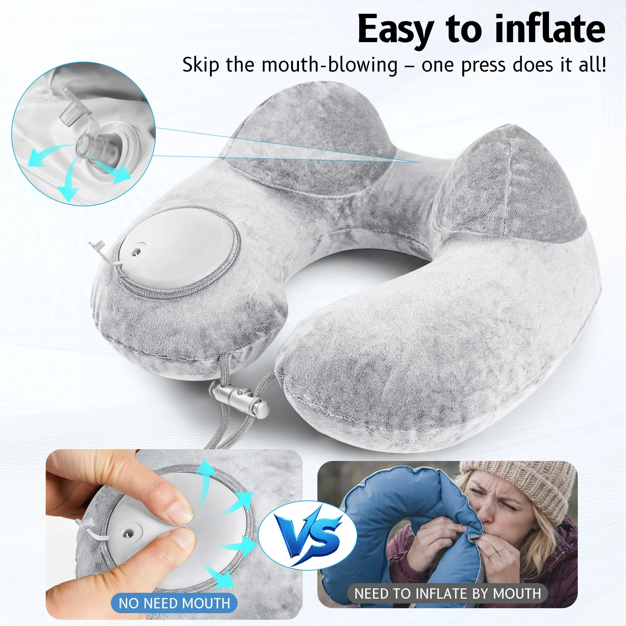 KUOGAS Cuscino da Viaggio Gonfiabile, Cuscino Aereo, Cuscino da Viaggio Regolabile e Portatile, Supporto Ergonomico Cuscino Cervicale, Viaggio Accessori utili con Maschera (grigio) - immagine 5