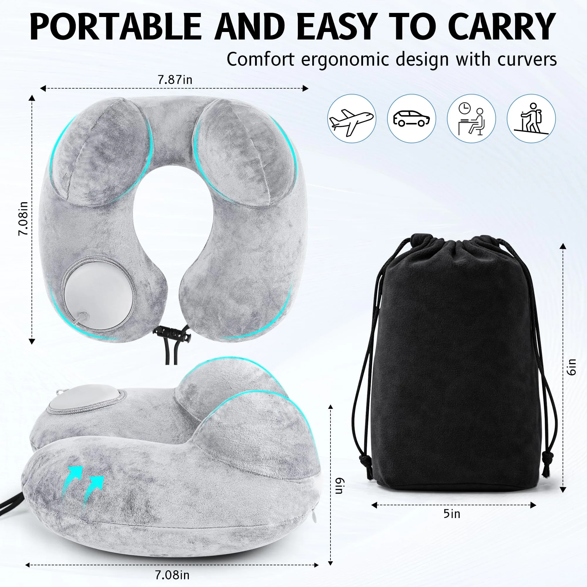 KUOGAS Cuscino da Viaggio Gonfiabile, Cuscino Aereo, Cuscino da Viaggio Regolabile e Portatile, Supporto Ergonomico Cuscino Cervicale, Viaggio Accessori utili con Maschera (grigio) - immagine 6
