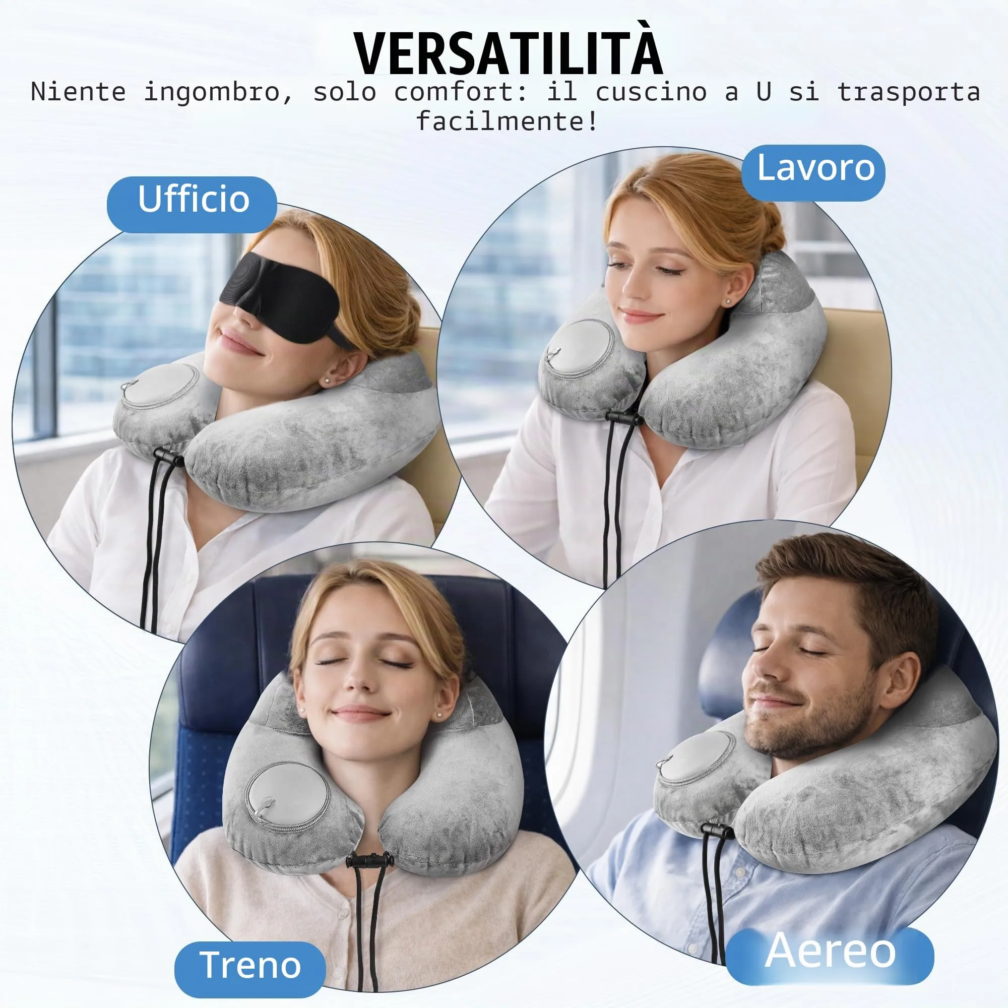 KUOGAS Cuscino da Viaggio Gonfiabile, Cuscino Aereo, Cuscino da Viaggio Regolabile e Portatile, Supporto Ergonomico Cuscino Cervicale, Viaggio Accessori utili con Maschera (grigio) - immagine 7