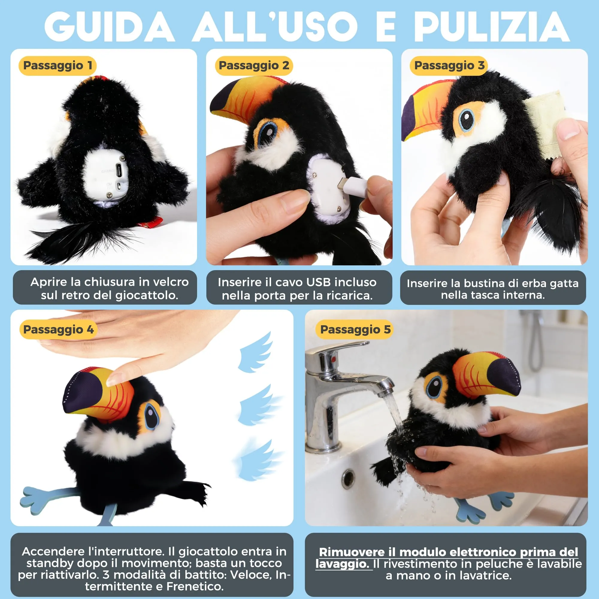 Iriisy Uccello Interattivo per Gatti Gioco per Gatto Giochi per Gatti Uccellino con Sensore di Movimento Resistente Ricaricabile USB-C, con Erba Gatta (Nero) - immagine 2