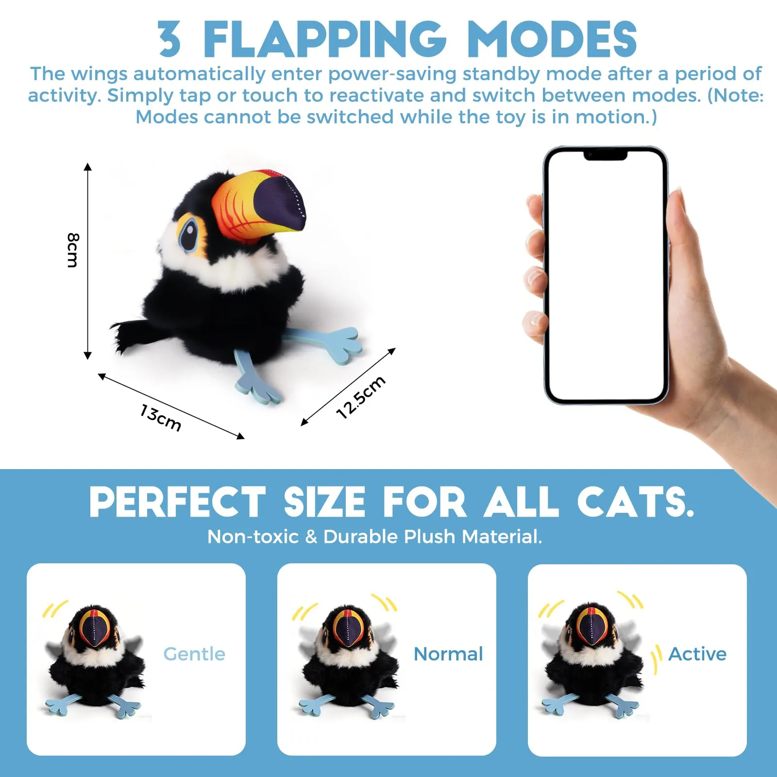 Iriisy Uccello Interattivo per Gatti Gioco per Gatto Giochi per Gatti Uccellino con Sensore di Movimento Resistente Ricaricabile USB-C, con Erba Gatta (Nero) - immagine 4