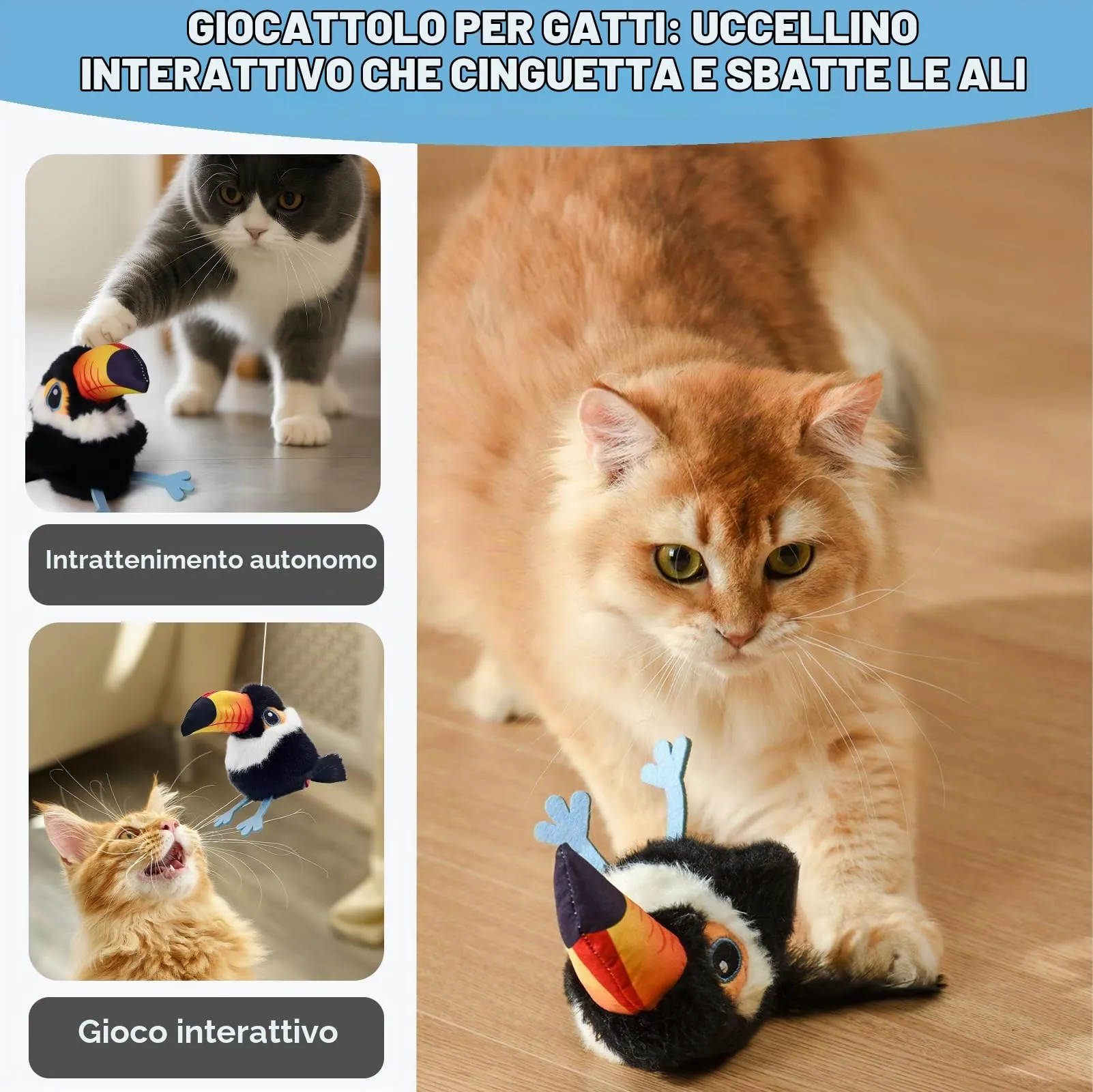 Iriisy Uccello Interattivo per Gatti Gioco per Gatto Giochi per Gatti Uccellino con Sensore di Movimento Resistente Ricaricabile USB-C, con Erba Gatta (Nero) - immagine 5