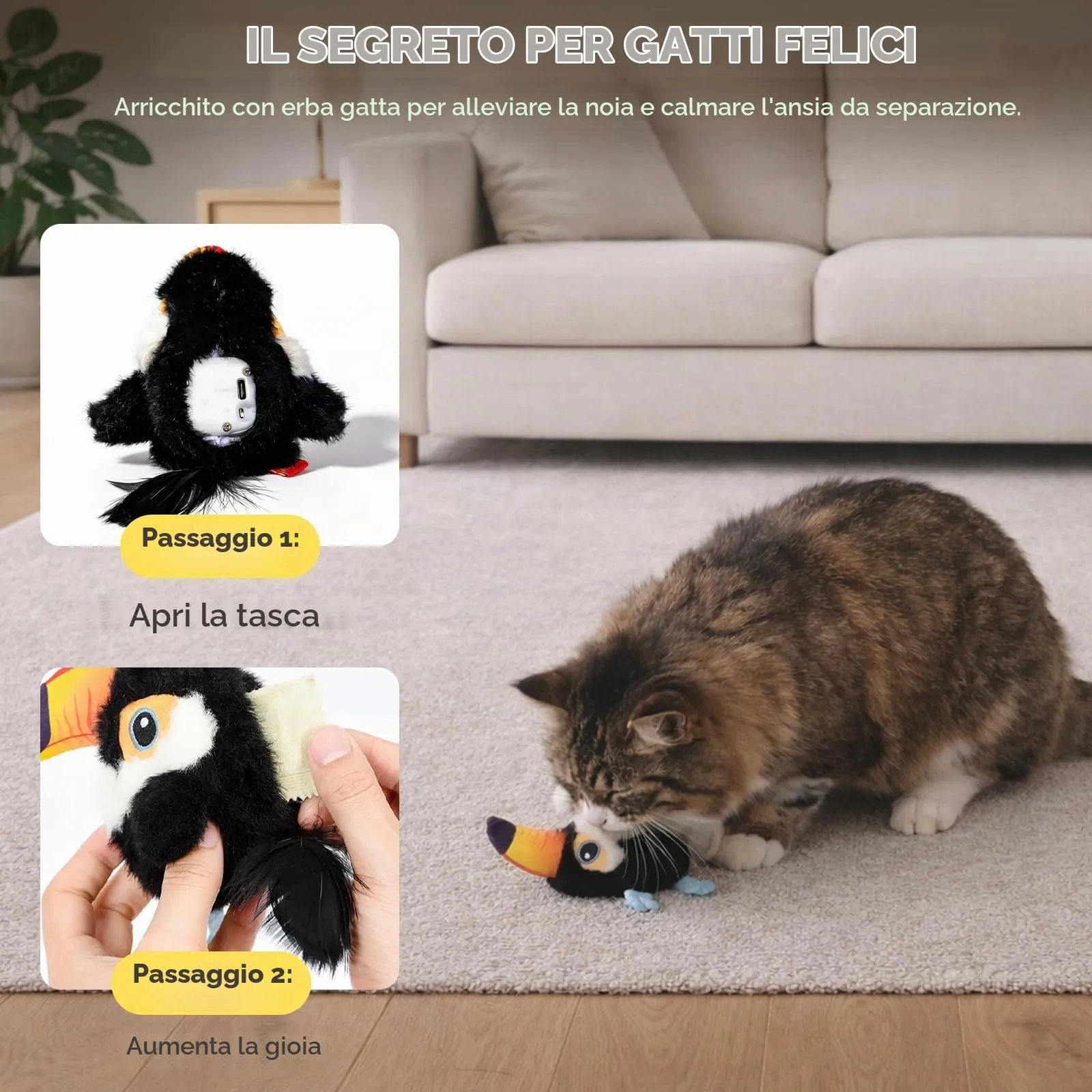 Iriisy Uccello Interattivo per Gatti Gioco per Gatto Giochi per Gatti Uccellino con Sensore di Movimento Resistente Ricaricabile USB-C, con Erba Gatta (Nero) - immagine 6