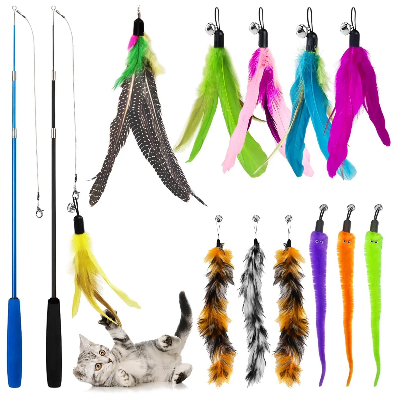 AMFUN 14PCS Giochi con Piume per Gatto, Giocattoli Interattivo con Piume per Gatti, Interattivo Retrattile Bacchetta con Campana per Il Vostro Gatto e Il Gattino - immagine 1