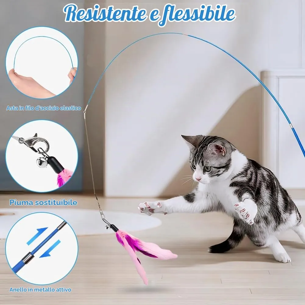 AMFUN 14PCS Giochi con Piume per Gatto, Giocattoli Interattivo con Piume per Gatti, Interattivo Retrattile Bacchetta con Campana per Il Vostro Gatto e Il Gattino - immagine 3