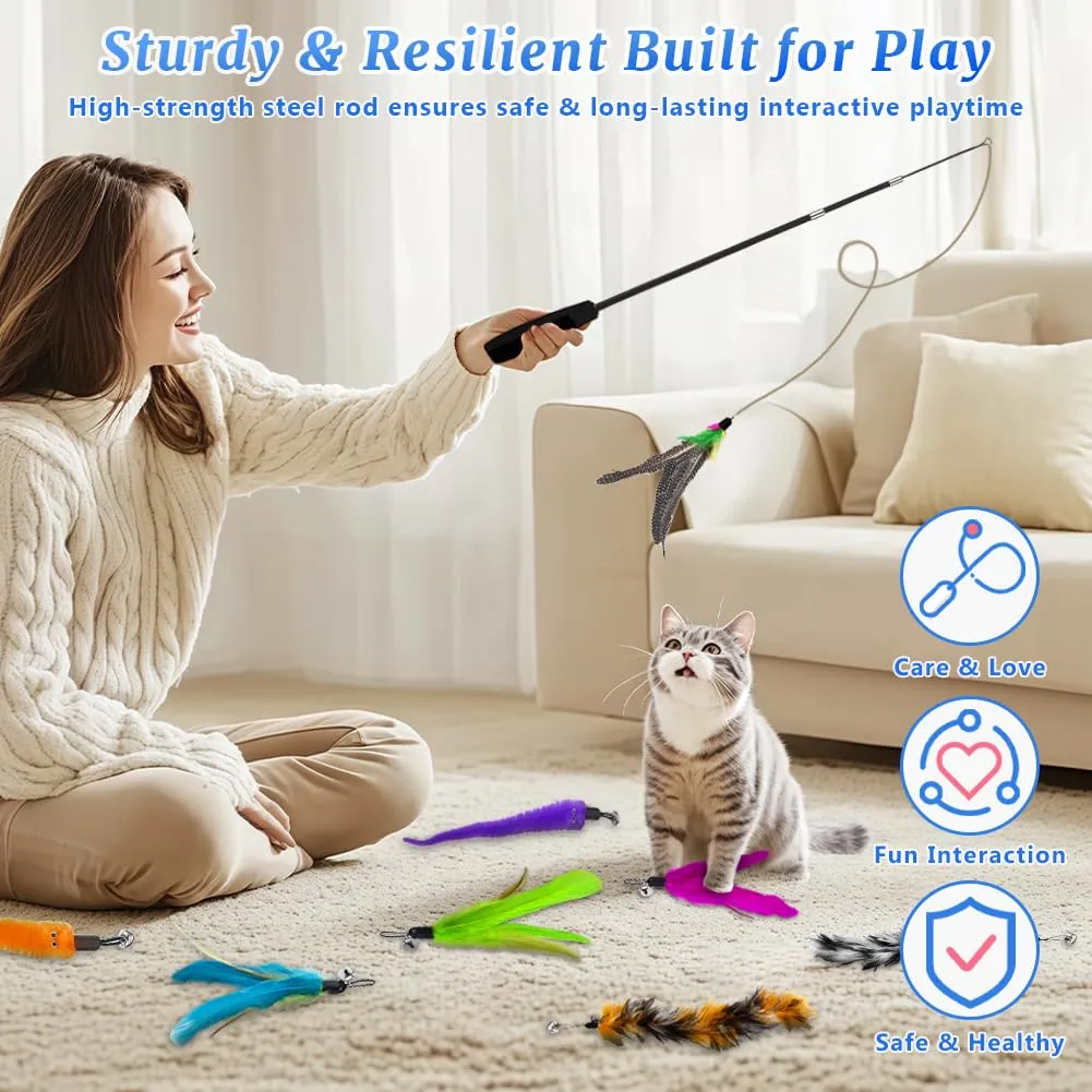 AMFUN 14PCS Giochi con Piume per Gatto, Giocattoli Interattivo con Piume per Gatti, Interattivo Retrattile Bacchetta con Campana per Il Vostro Gatto e Il Gattino - immagine 4