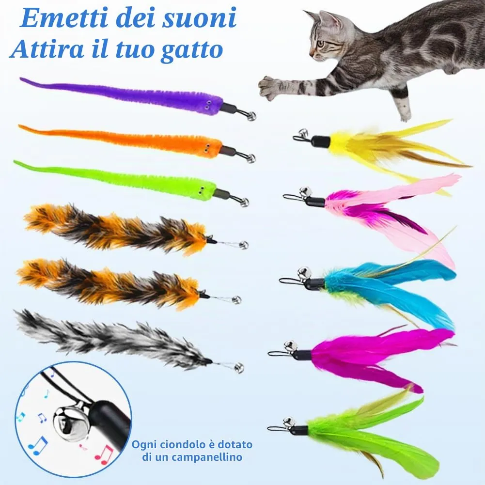 AMFUN 14PCS Giochi con Piume per Gatto, Giocattoli Interattivo con Piume per Gatti, Interattivo Retrattile Bacchetta con Campana per Il Vostro Gatto e Il Gattino - immagine 5
