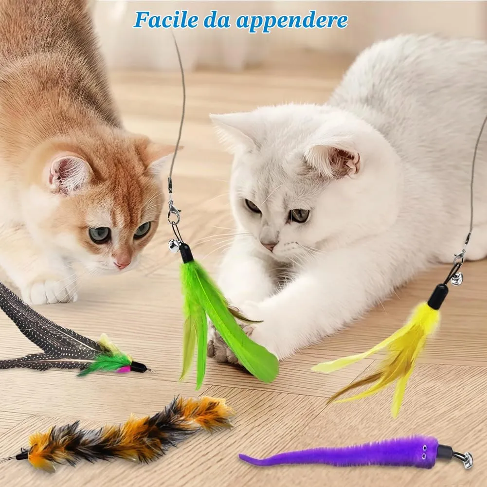 AMFUN 14PCS Giochi con Piume per Gatto, Giocattoli Interattivo con Piume per Gatti, Interattivo Retrattile Bacchetta con Campana per Il Vostro Gatto e Il Gattino - immagine 6