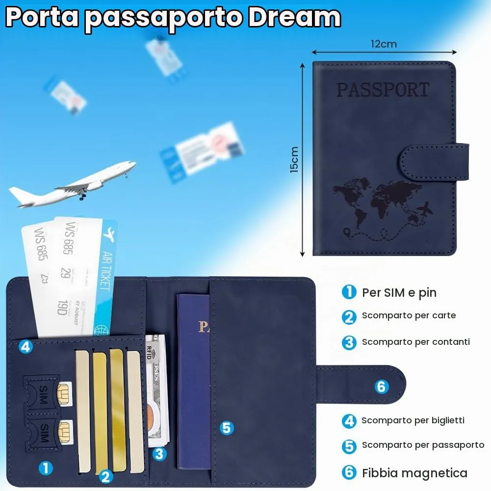 AOOTE Copertina per Passaporto, Porta Passaporto da Viaggio, Porta Passaporti Portatile con Blocco RFID, Pelle PU, Donna e Uomo, per Carte di Credito, D'Identità e Documenti di Viaggio, Blu Scuro - immagine 2