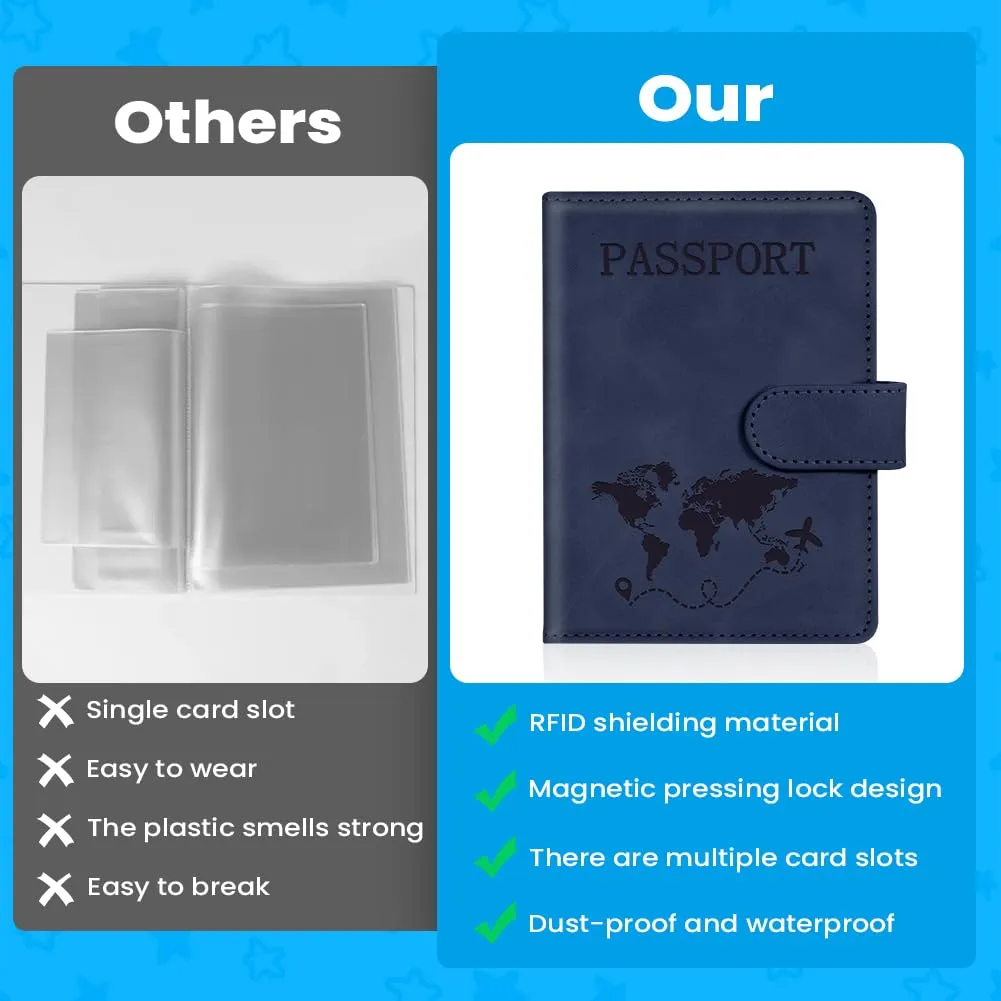 AOOTE Copertina per Passaporto, Porta Passaporto da Viaggio, Porta Passaporti Portatile con Blocco RFID, Pelle PU, Donna e Uomo, per Carte di Credito, D'Identità e Documenti di Viaggio, Blu Scuro - immagine 3
