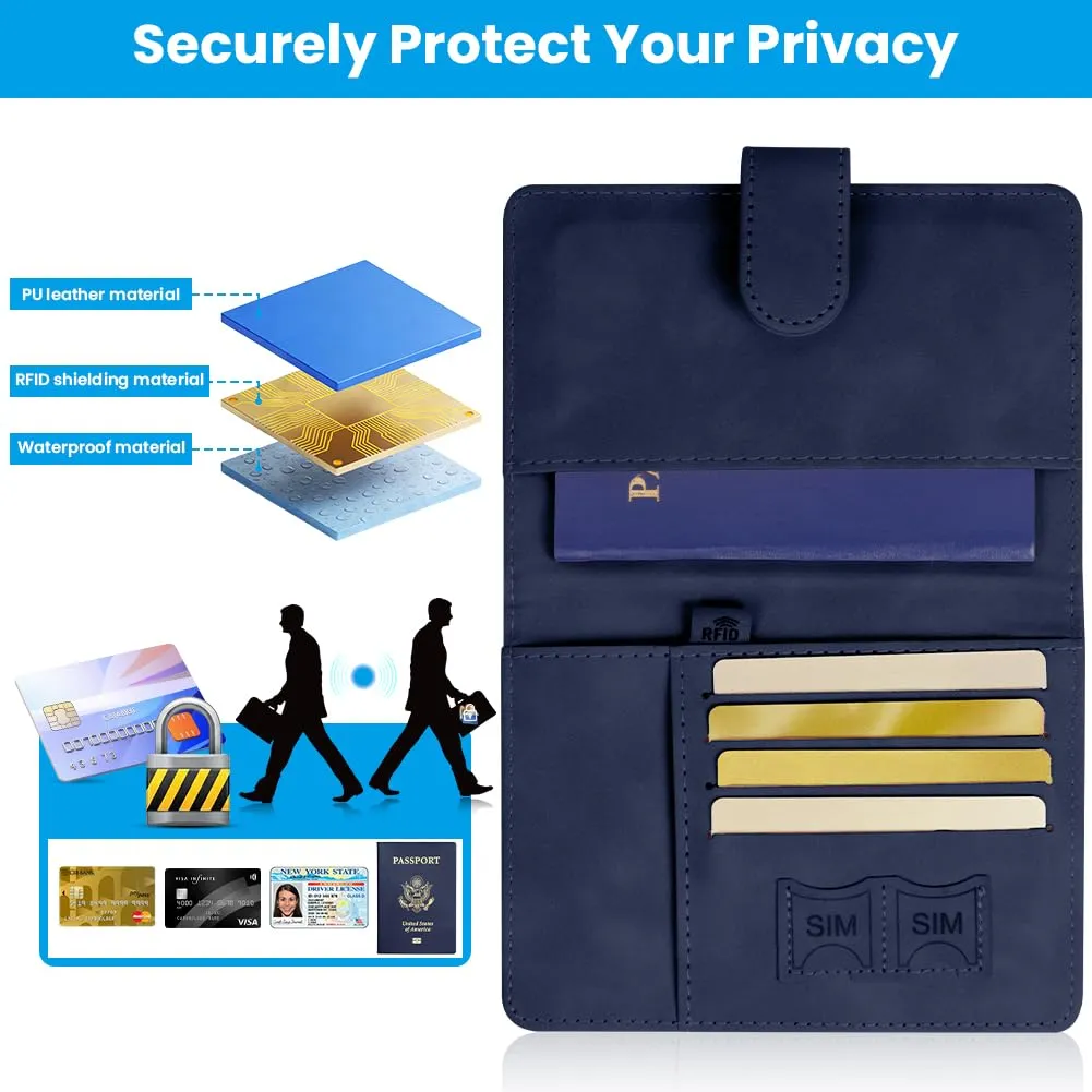AOOTE Copertina per Passaporto, Porta Passaporto da Viaggio, Porta Passaporti Portatile con Blocco RFID, Pelle PU, Donna e Uomo, per Carte di Credito, D'Identità e Documenti di Viaggio, Blu Scuro - immagine 4