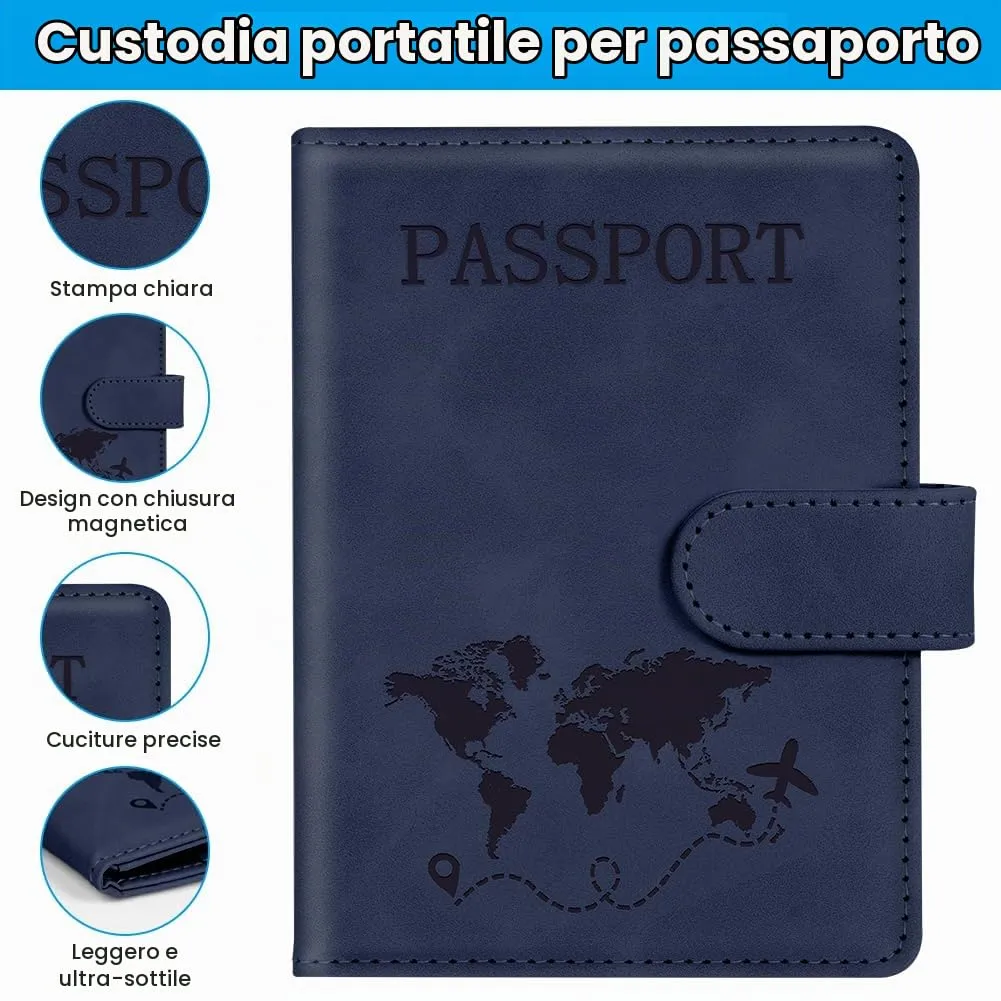 AOOTE Copertina per Passaporto, Porta Passaporto da Viaggio, Porta Passaporti Portatile con Blocco RFID, Pelle PU, Donna e Uomo, per Carte di Credito, D'Identità e Documenti di Viaggio, Blu Scuro - immagine 5