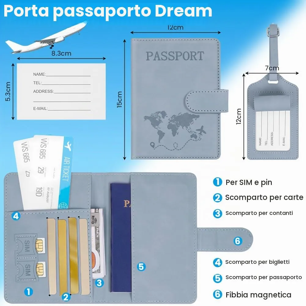 AOOTE Copertina per Passaporto, Porta Passaporto da Viaggio e Etichetta Valigia Aereo, Porta Passaporti Portatile con Blocco RFID, per Carte di Credito, D'Identità e Documenti di Viaggio, Blu - immagine 2