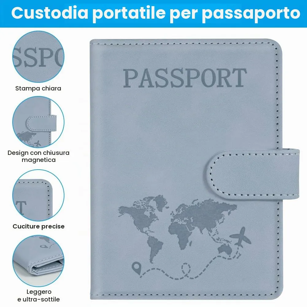 AOOTE Copertina per Passaporto, Porta Passaporto da Viaggio e Etichetta Valigia Aereo, Porta Passaporti Portatile con Blocco RFID, per Carte di Credito, D'Identità e Documenti di Viaggio, Blu - immagine 5