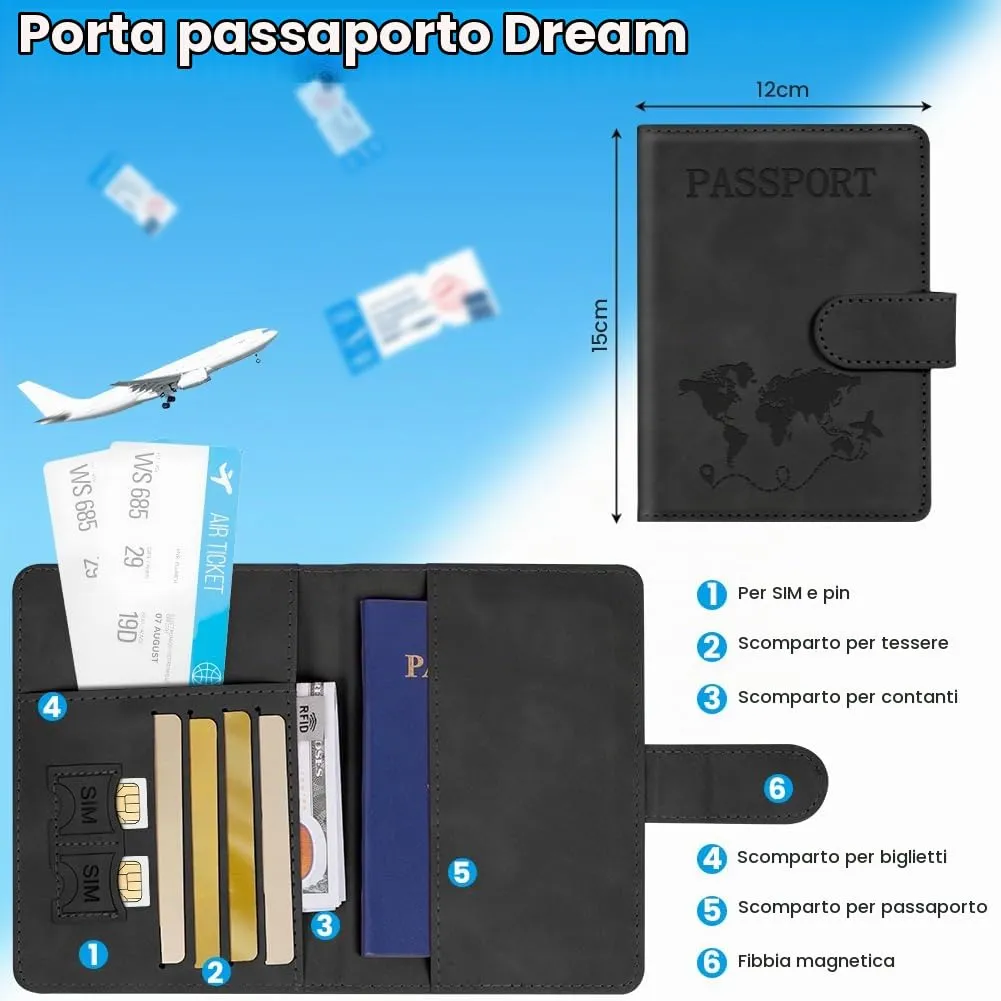 AOOTE Copertina per Passaporto, Porta Passaporto da Viaggio, Porta Passaporti Portatile con Blocco RFID, Pelle PU, Donna e Uomo, per Carte di Credito, D'Identità e Documenti di Viaggio, Nero - immagine 2