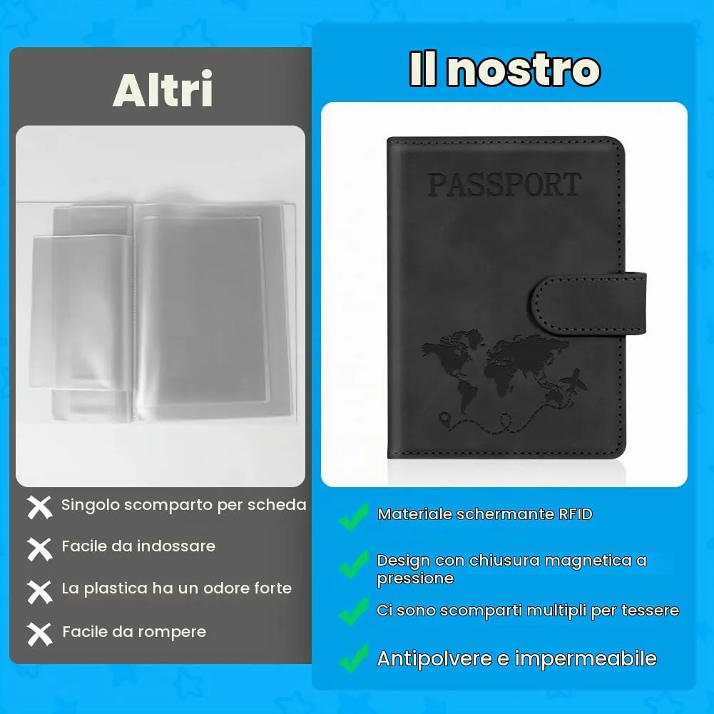 AOOTE Copertina per Passaporto, Porta Passaporto da Viaggio, Porta Passaporti Portatile con Blocco RFID, Pelle PU, Donna e Uomo, per Carte di Credito, D'Identità e Documenti di Viaggio, Nero - immagine 3