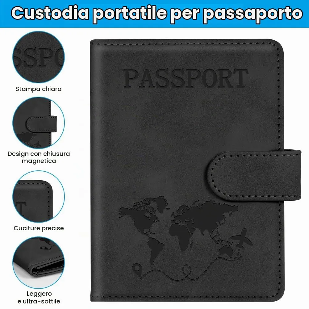 AOOTE Copertina per Passaporto, Porta Passaporto da Viaggio, Porta Passaporti Portatile con Blocco RFID, Pelle PU, Donna e Uomo, per Carte di Credito, D'Identità e Documenti di Viaggio, Nero - immagine 5