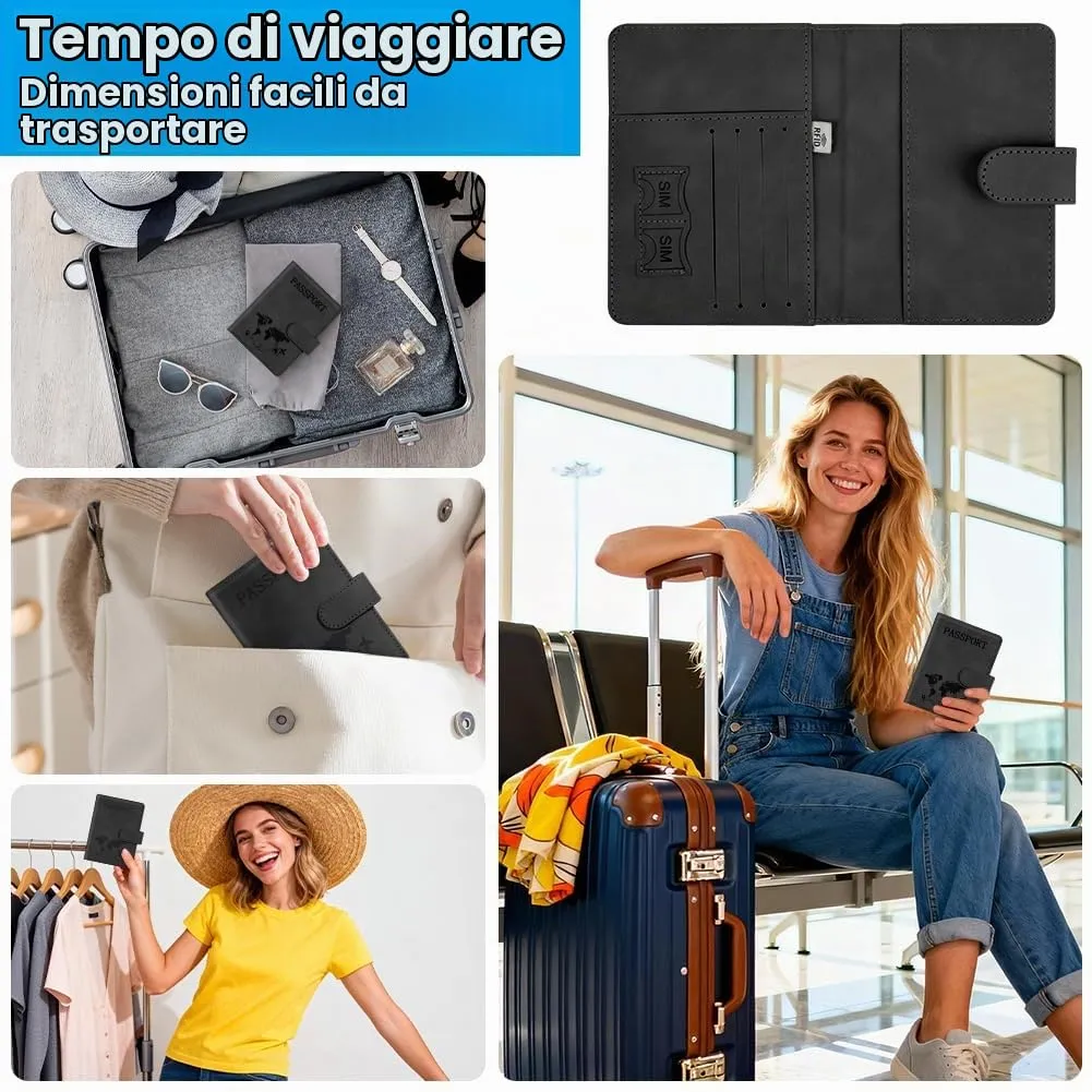 AOOTE Copertina per Passaporto, Porta Passaporto da Viaggio, Porta Passaporti Portatile con Blocco RFID, Pelle PU, Donna e Uomo, per Carte di Credito, D'Identità e Documenti di Viaggio, Nero - immagine 6