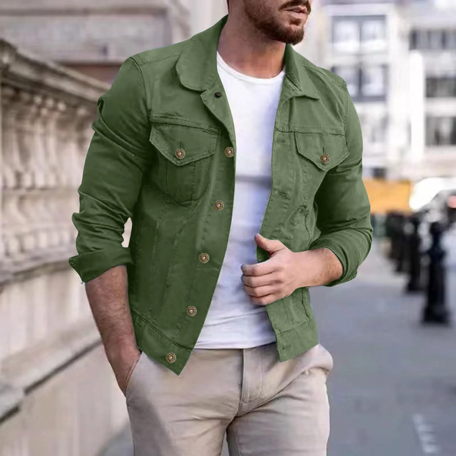 Duohropke Camicia in denim da uomo a maniche lunghe strappate, slim denim, con tasche, jeans, camicia da uomo, vestibilità normale, a maniche lunghe, 01 verde., XL - immagine 2