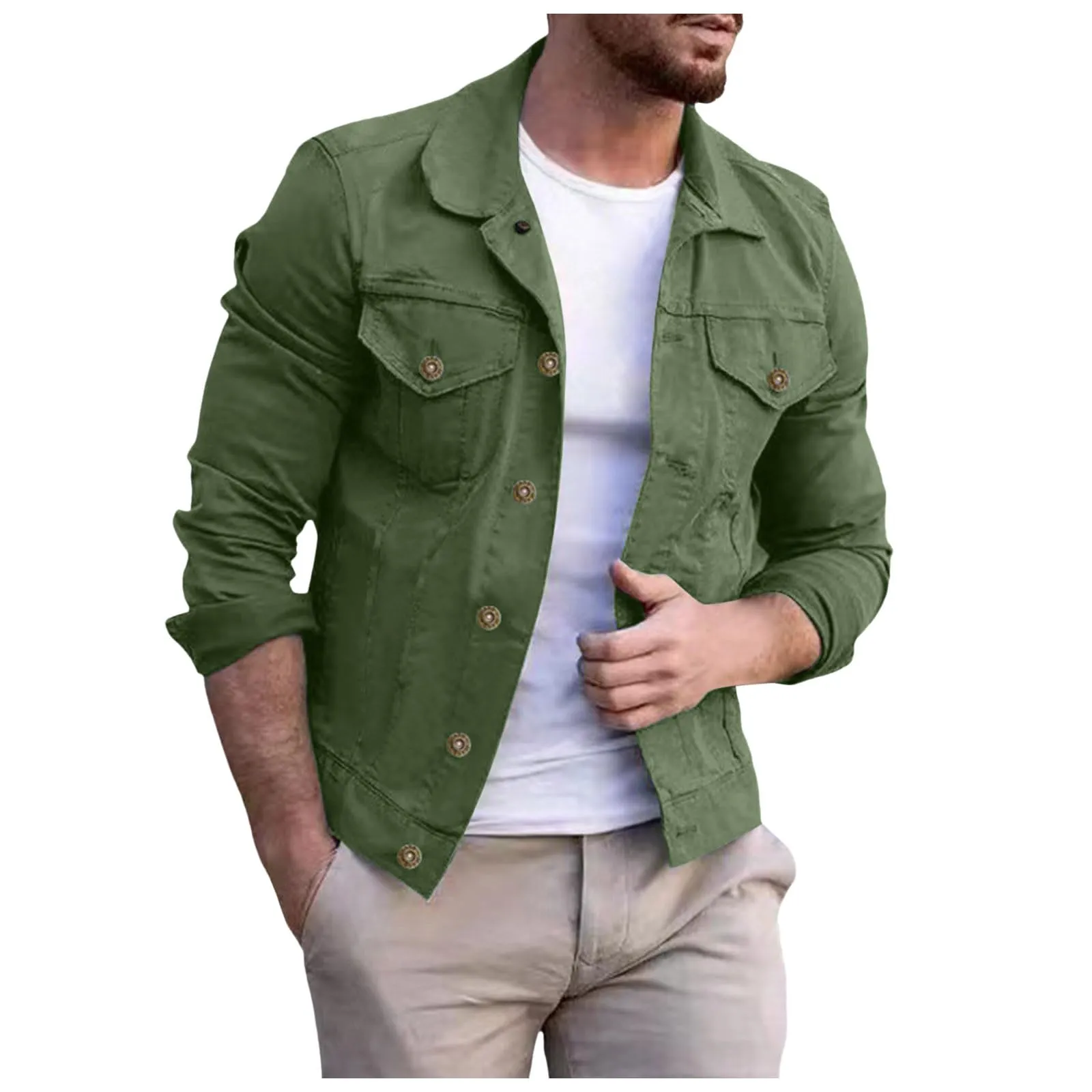 Duohropke Camicia da Uomo in Denim, a Maniche Lunghe, con Tasche, Stile Sfrangiato, Slim Fit, Denim Top, Camicia di Jeans, Camicetta da Uomo, Regular Fit, 01 verde., XXL - immagine 1