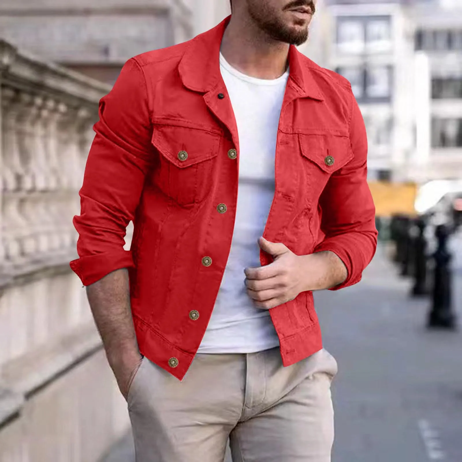 Duohropke Camicia da Uomo in Denim, a Maniche Lunghe, con Tasche, Stile Sfrangiato, Slim Fit, Denim Top, Camicia di Jeans, Camicetta da Uomo, Regular Fit, 01 rosso., 3XL - immagine 2