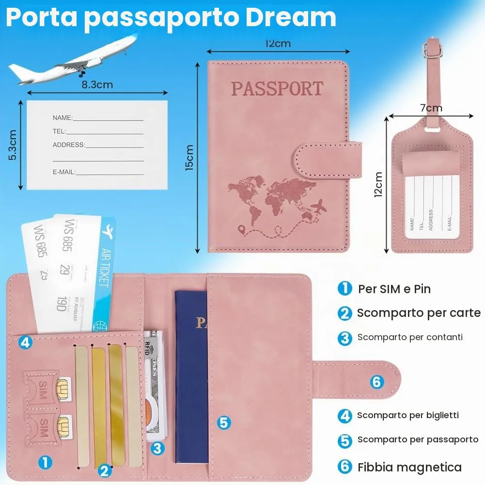 AOOTE Copertina per Passaporto, Porta Passaporto da Viaggio e Etichetta Valigia Aereo, Porta Passaporti Portatile con Blocco RFID, per Carte di Credito, D'Identità e Documenti di Viaggio, Rosa - immagine 2