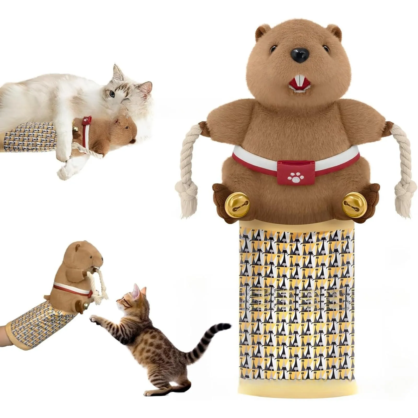 Marionetta interattiva per gatto - Marionette da lotta per gatti - Giocattolo di lotta per gatto - Con campanellino per allenamento e esercizio - Marrone - immagine 1