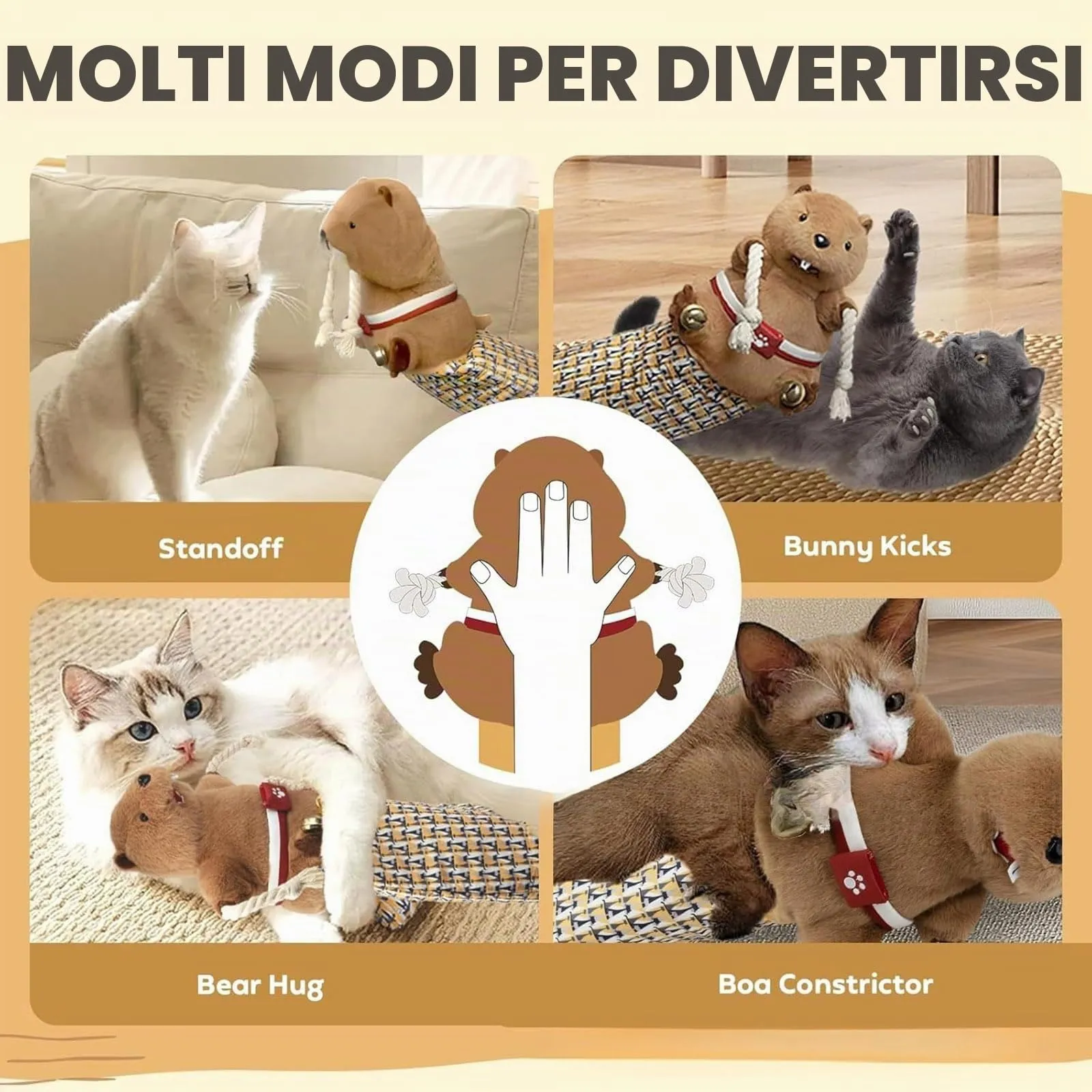 Marionetta interattiva per gatto - Marionette da lotta per gatti - Giocattolo di lotta per gatto - Con campanellino per allenamento e esercizio - Marrone - immagine 2