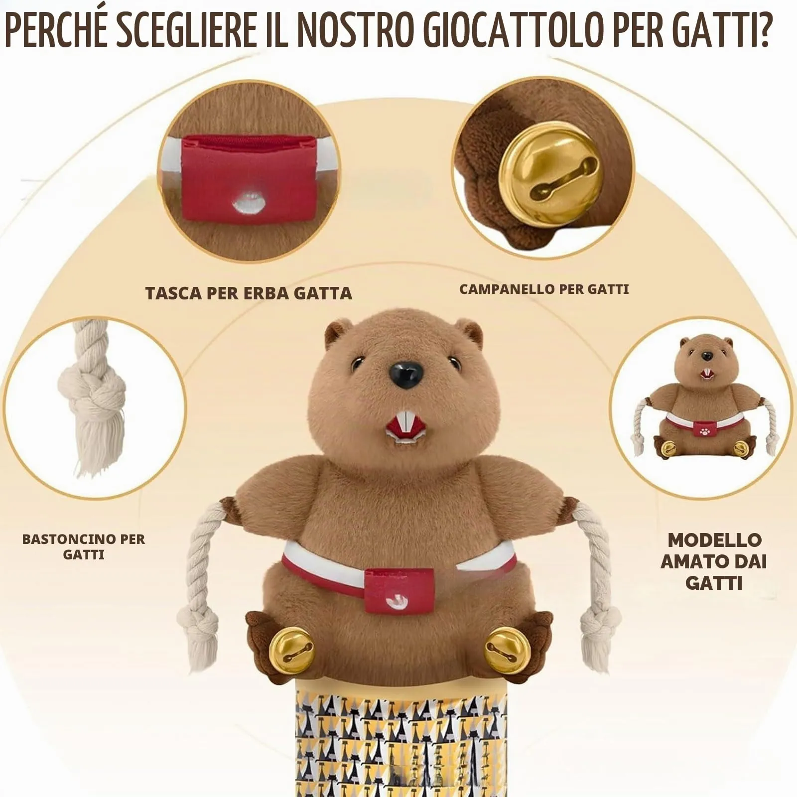 Marionetta interattiva per gatto - Marionette da lotta per gatti - Giocattolo di lotta per gatto - Con campanellino per allenamento e esercizio - Marrone - immagine 5