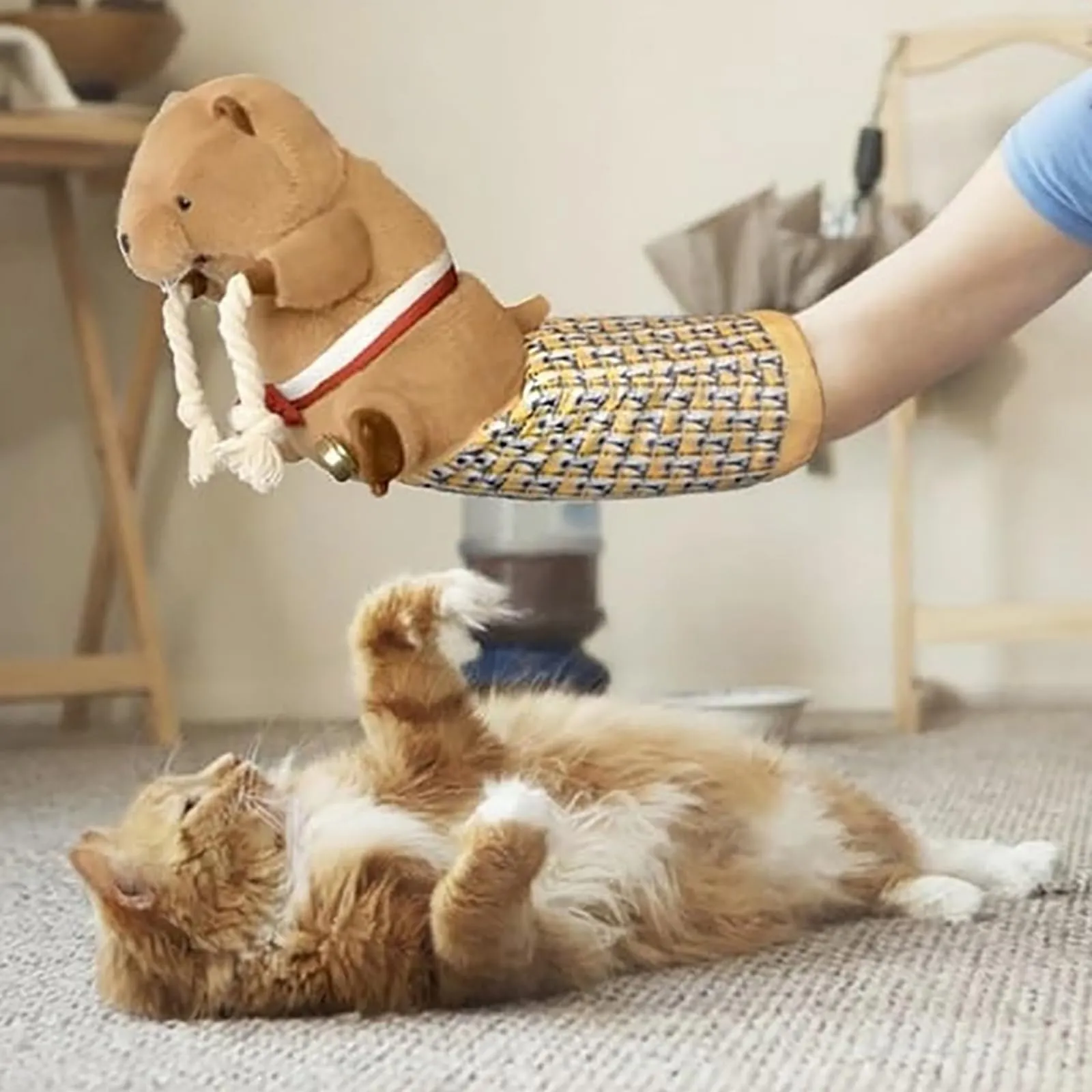 Marionetta interattiva per gatto - Marionette da lotta per gatti - Giocattolo di lotta per gatto - Con campanellino per allenamento e esercizio - Marrone - immagine 6
