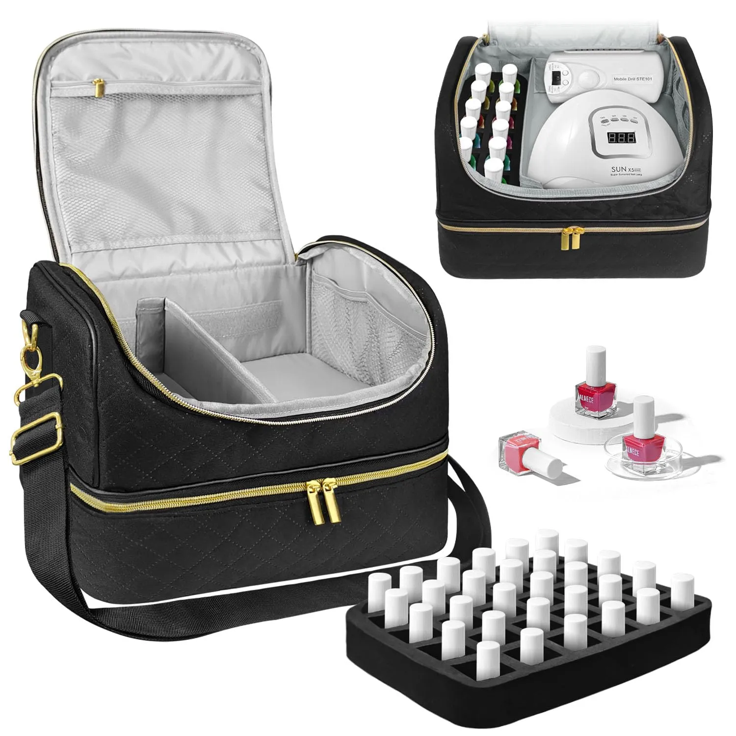 BOHEMIABY Custodia Organizer per Smalto per Unghie, Borsa di Stoccaggio per Smalto a Doppio Strato, Capacità: 30 Flaconi (15 ml - 0,5 Fl. Oz) & Lampada, Custodia per Smalto con Divisore Regolabile per - immagine 1