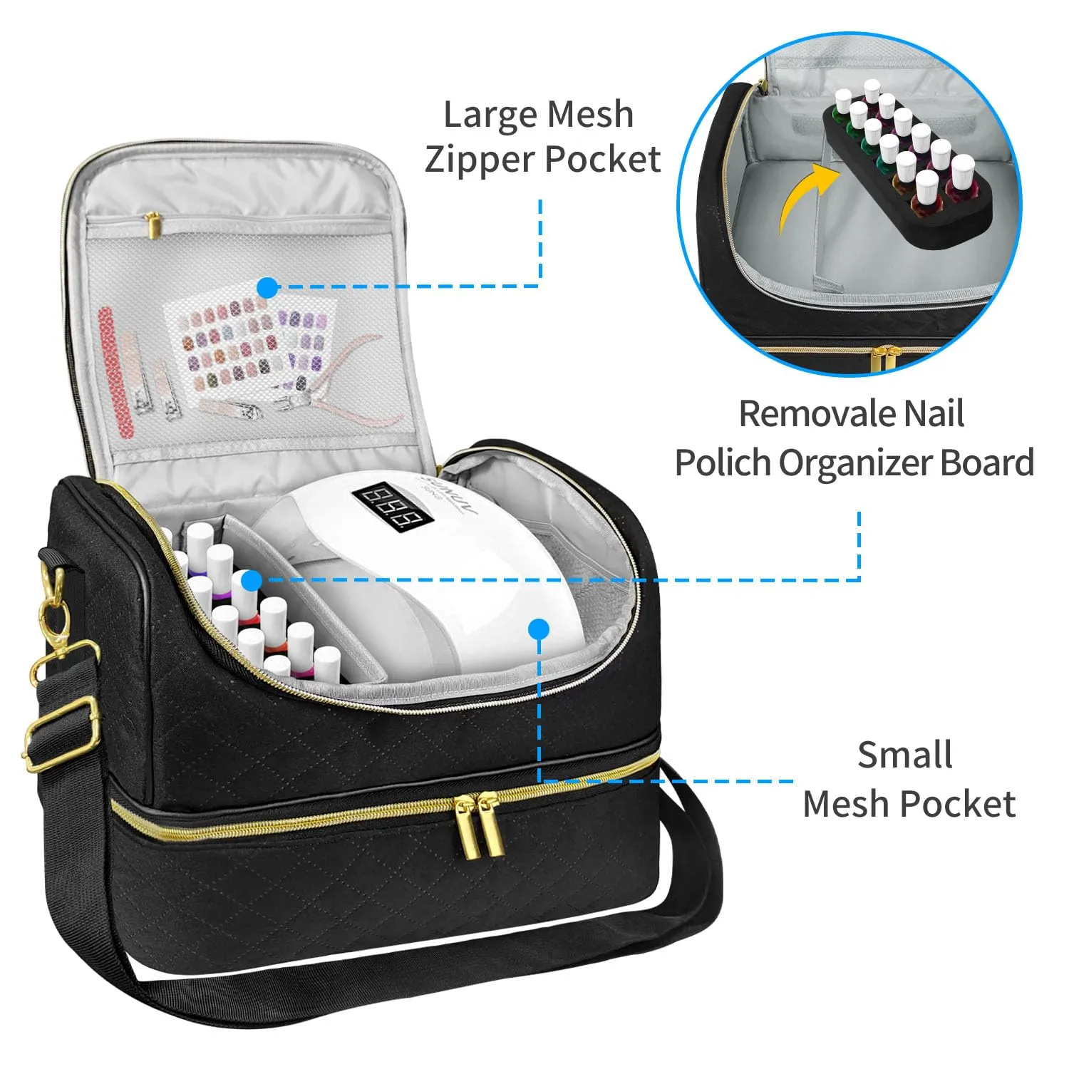 BOHEMIABY Custodia Organizer per Smalto per Unghie, Borsa di Stoccaggio per Smalto a Doppio Strato, Capacità: 30 Flaconi (15 ml - 0,5 Fl. Oz) & Lampada, Custodia per Smalto con Divisore Regolabile per - immagine 2