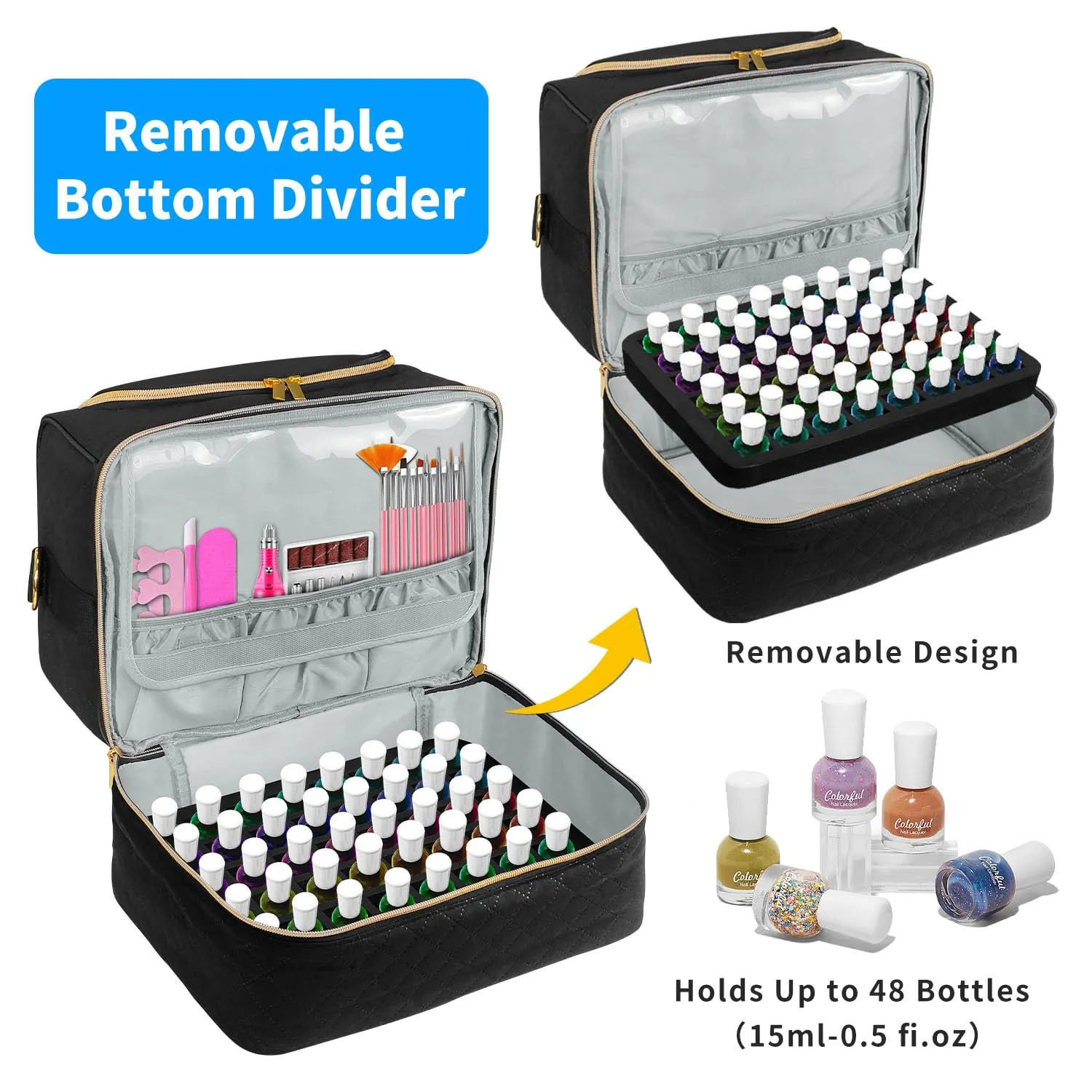 BOHEMIABY Custodia Organizer per Smalto per Unghie, Borsa di Stoccaggio per Smalto a Doppio Strato, Capacità: 30 Flaconi (15 ml - 0,5 Fl. Oz) & Lampada, Custodia per Smalto con Divisore Regolabile per - immagine 3