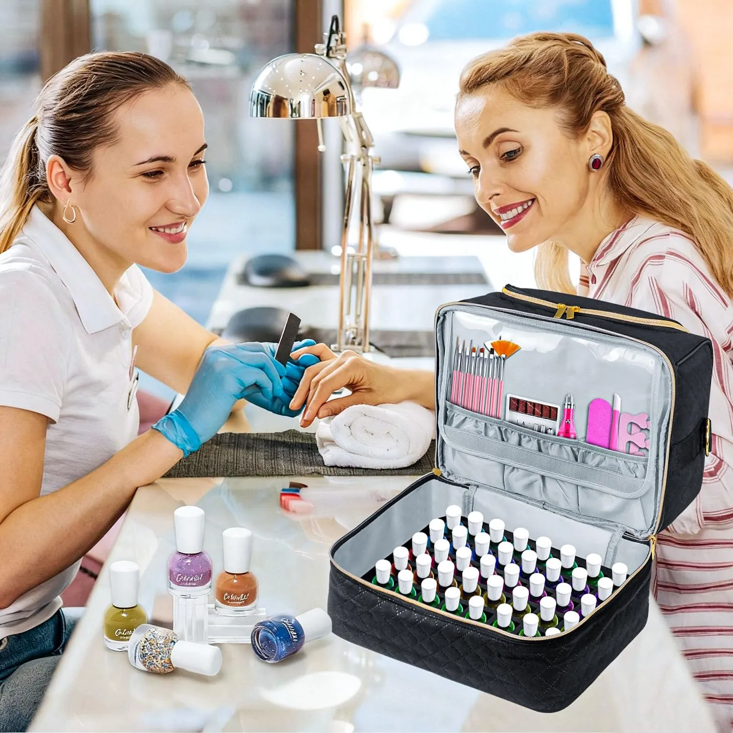 BOHEMIABY Custodia Organizer per Smalto per Unghie, Borsa di Stoccaggio per Smalto a Doppio Strato, Capacità: 30 Flaconi (15 ml - 0,5 Fl. Oz) & Lampada, Custodia per Smalto con Divisore Regolabile per - immagine 5