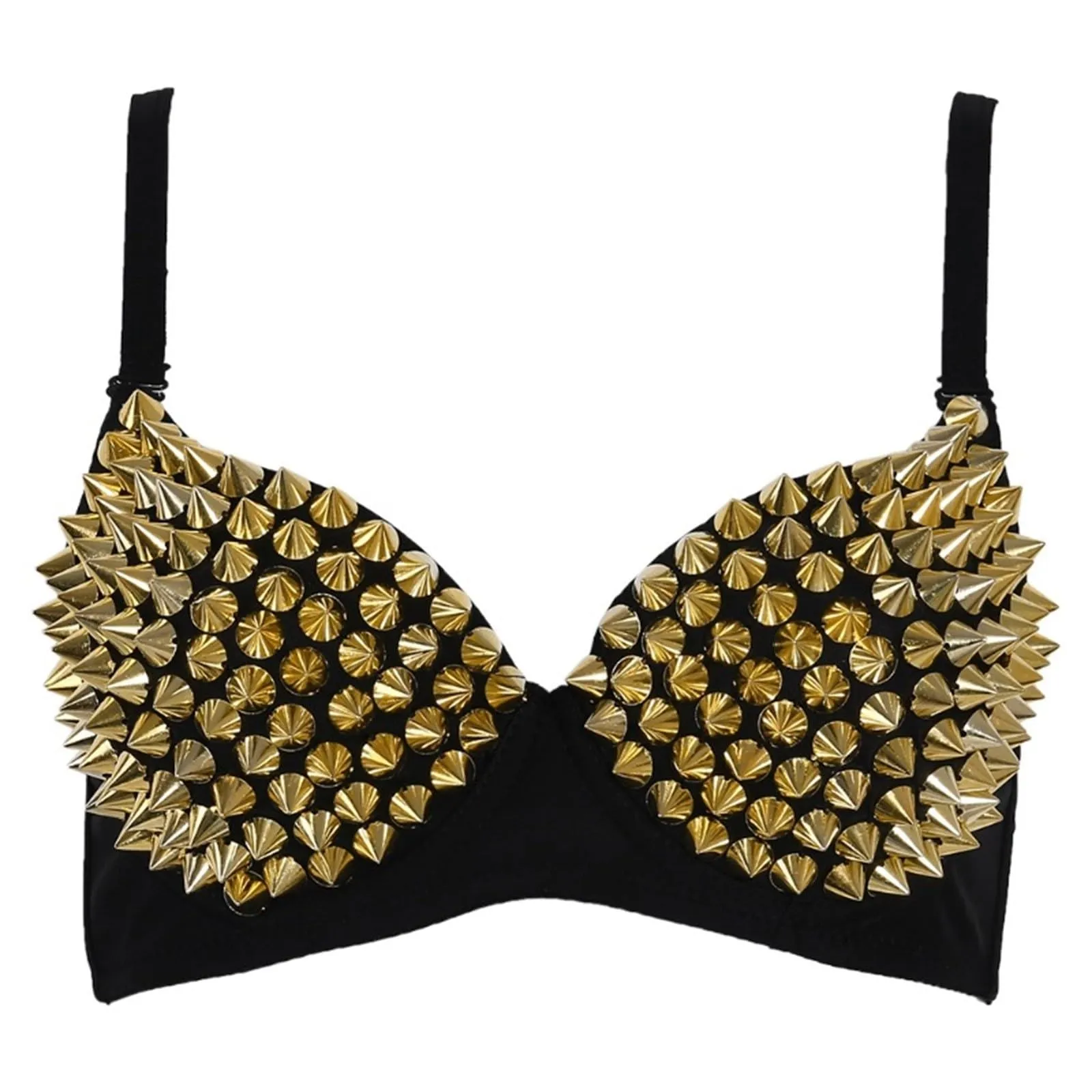 Sexy All-Over Spike Borchie Danza Reggiseno Danza Donna Push Up Reggiseno Donna Night Club Costumi Metallico Punk Bralette con Spalline Regolabili Intimo per Feste, Club, Raves, gold, XXL - immagine 2