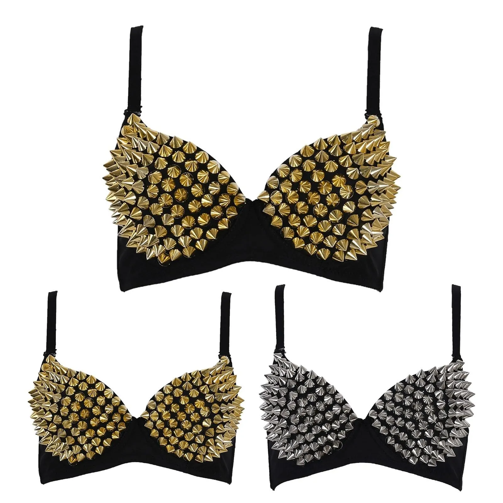 Sexy All-Over Spike Nieten Tanz Tanz-BH da Donna Push Up Reggiseno da Donna per Nightclub Costumi Stile Metallico Punk Bralette con Spalline Regolabili Biancheria Intima per Festa, Club, Rave, gold, S - immagine 4