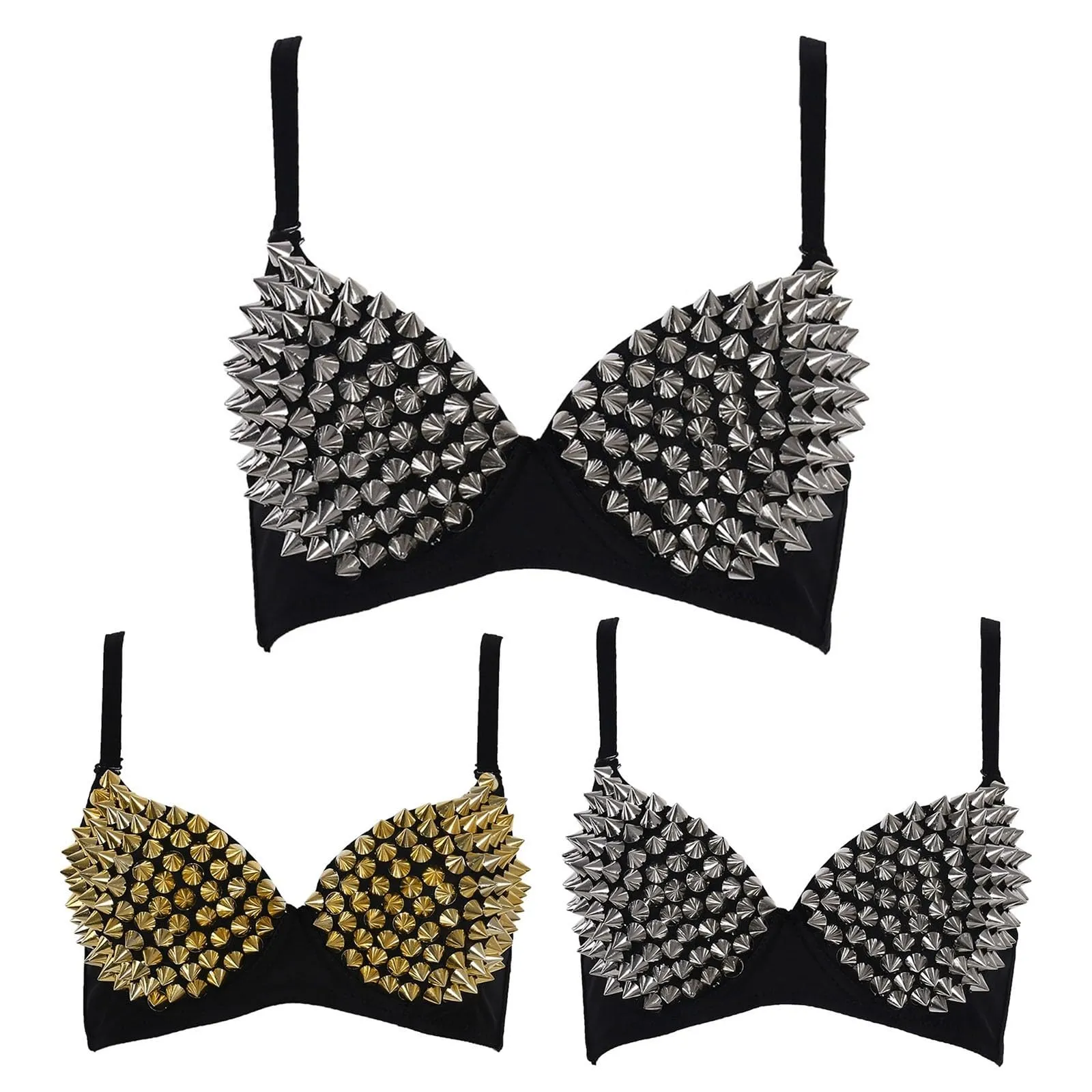 Sexy All-Over Spike Borchie Danza Reggiseno Danza Donna Push Up Reggiseno Donna Night Club Costumi Metallico Punk Bralette con Spalline Regolabili Intimo per Feste, Club, Raves, argento, XXL - immagine 4