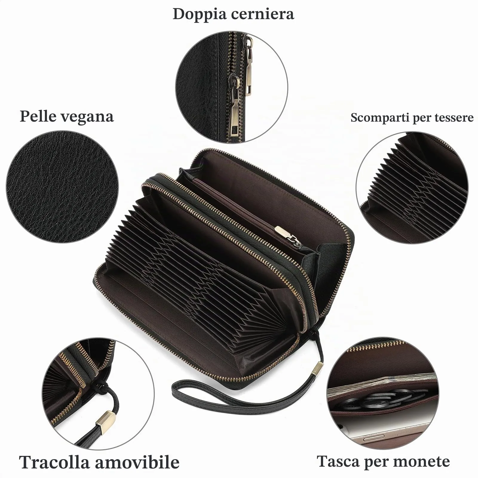SENDEFN Portafoglio Donna Grande, Portamonete RFID con Doppia Cerniera, Porta Carte in Pelle Vegana, Borsellino Donna con Wristlet Rimovibile e 36 Scomparti per Carte - immagine 3