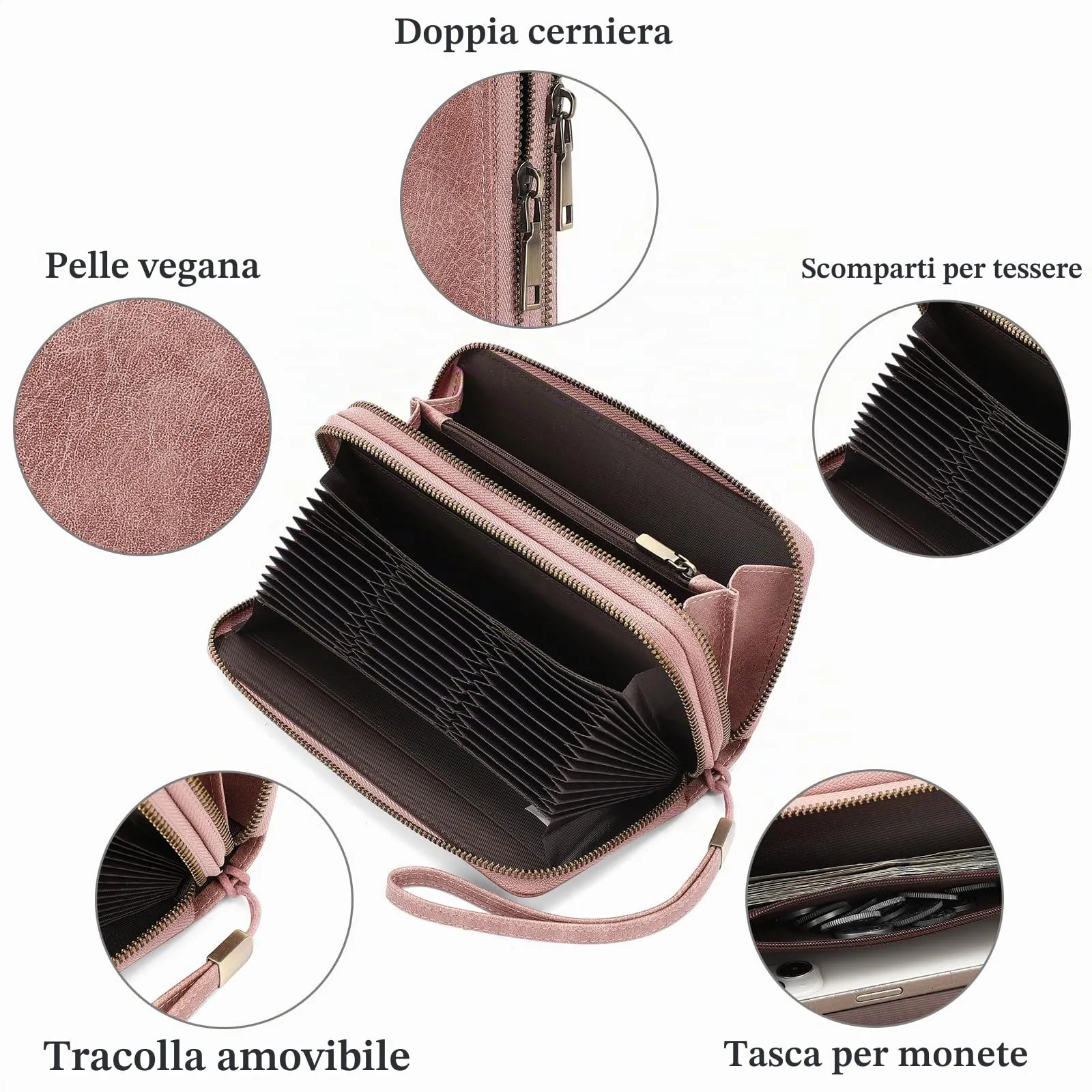 SENDEFN Portafoglio Donna Grande, Portamonete RFID con Doppia Cerniera, Porta Carte in Pelle Vegana, Borsellino Donna con Wristlet Rimovibile e 36 Scomparti per Carte - immagine 3