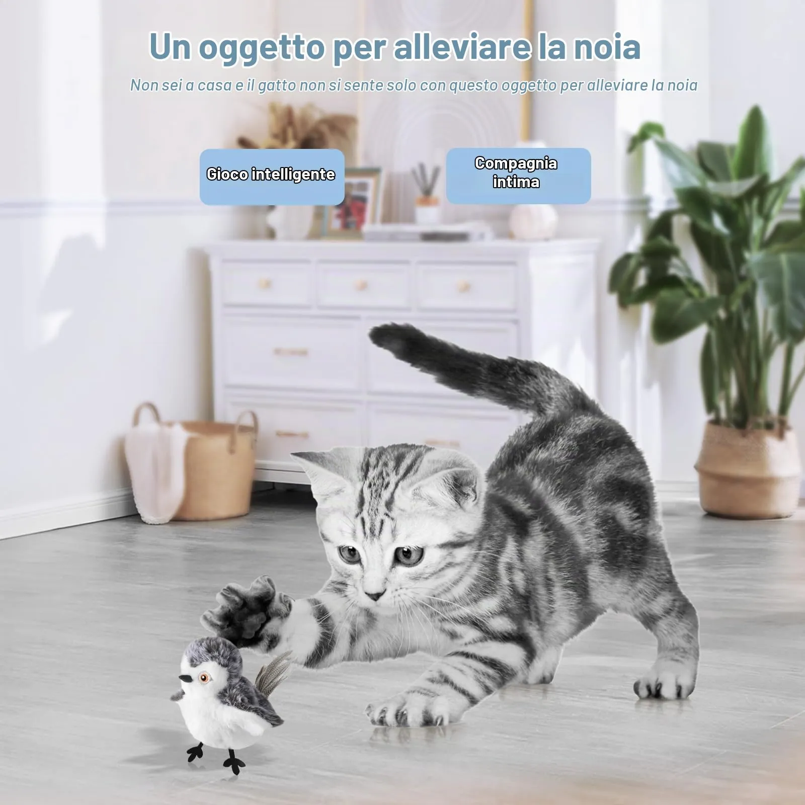 Mapille Uccello Giocattolo per Gatti che Sbatte con Erba Gatta, Telecomando, Interactive Chirping Bird Cat Toy, Gioco Gatto Uccellino Che Vola, Giochi Interattivi Per Gatti - immagine 5