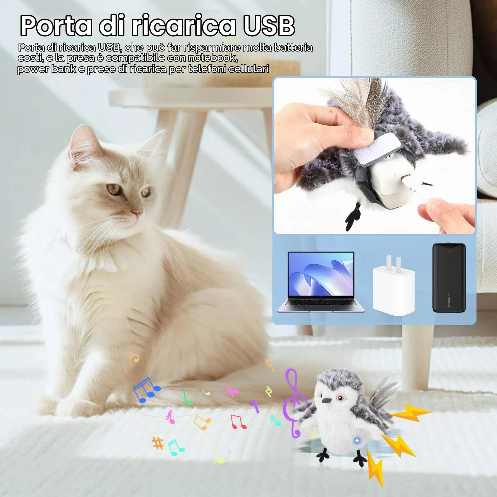 Mapille Uccello Giocattolo per Gatti che Sbatte con Erba Gatta, Telecomando, Interactive Chirping Bird Cat Toy, Gioco Gatto Uccellino Che Vola, Giochi Interattivi Per Gatti - immagine 6