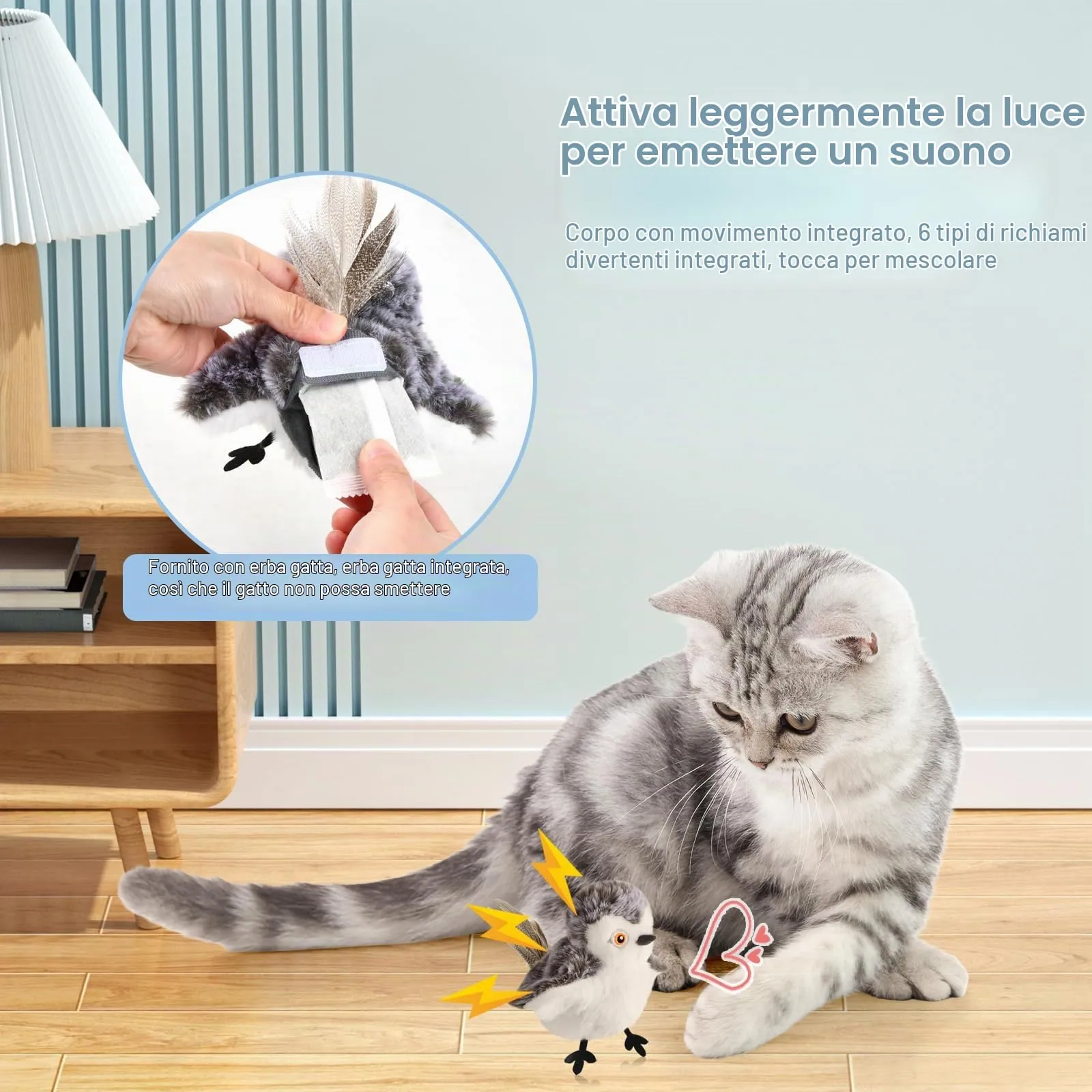 Mapille Uccello Giocattolo per Gatti che Sbatte con Erba Gatta, Telecomando, Interactive Chirping Bird Cat Toy, Gioco Gatto Uccellino Che Vola, Giochi Interattivi Per Gatti - immagine 7