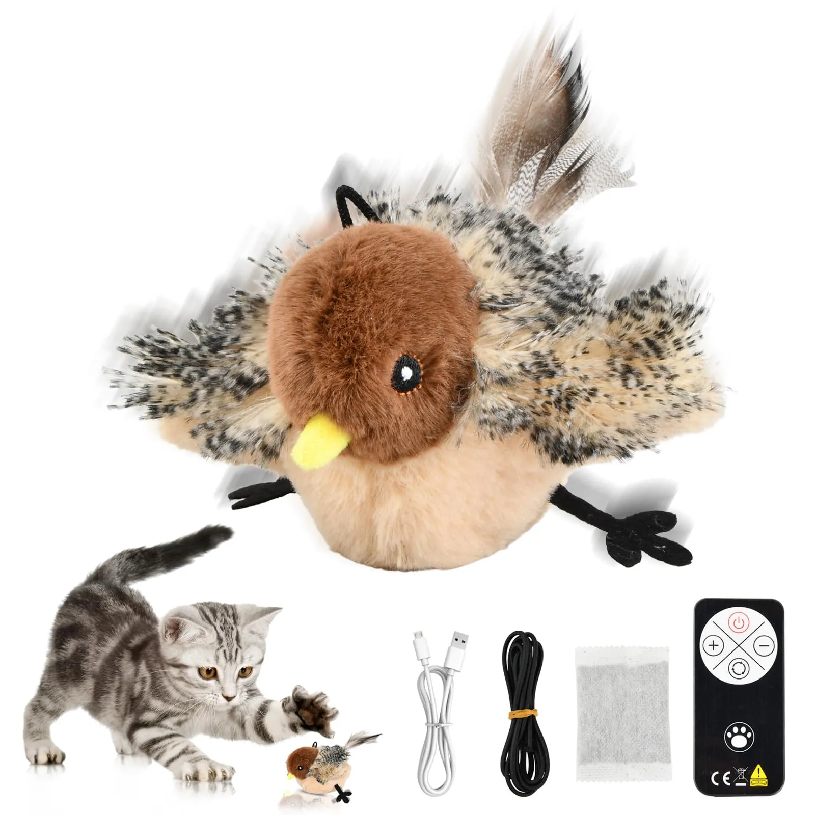 Mapille Uccello Giocattolo per Gatti che Sbatte con Erba Gatta, Telecomando, Interactive Chirping Bird Cat Toy, Gioco Gatto Uccellino Che Vola, Giochi Interattivi Per Gatti - immagine 1