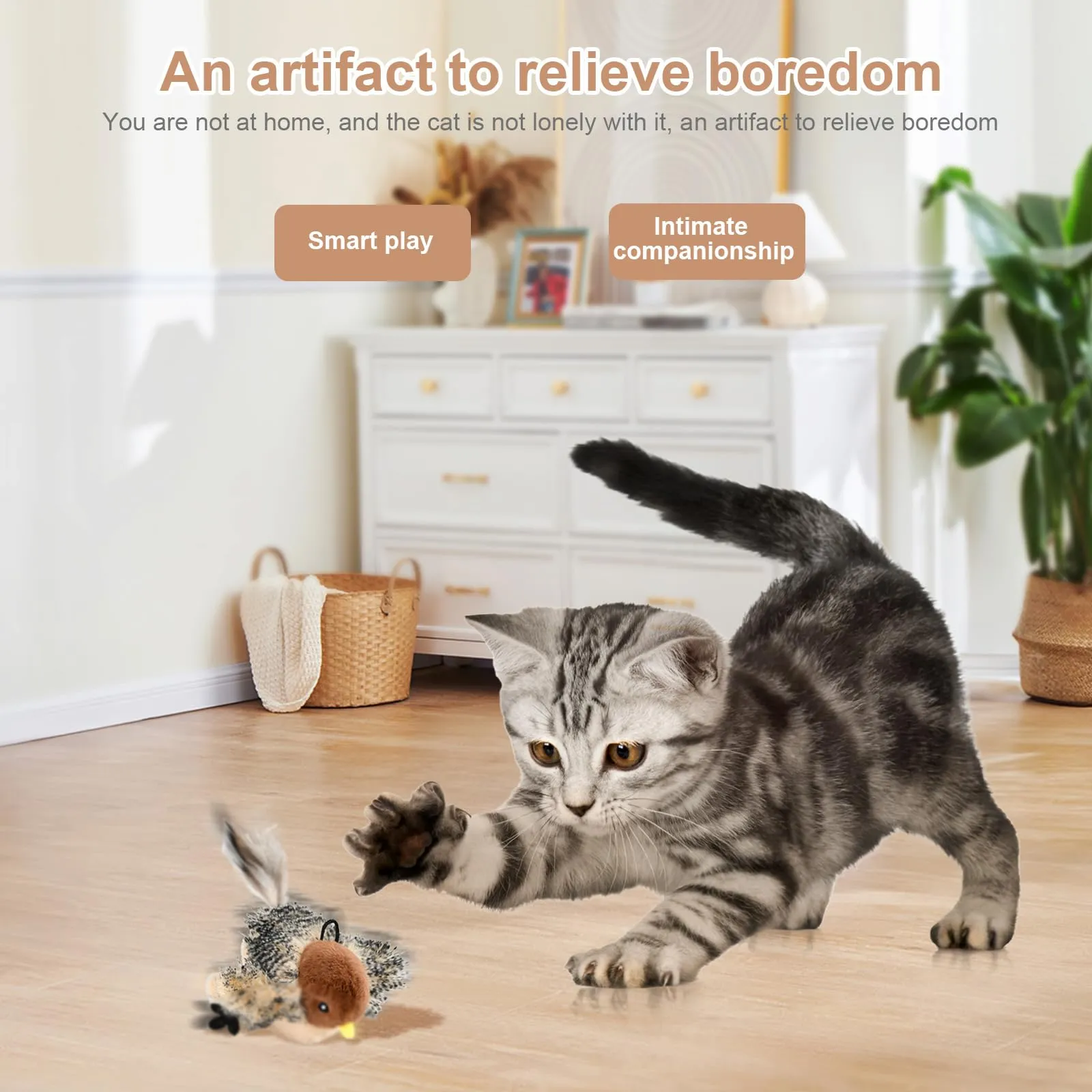Mapille Uccello Giocattolo per Gatti che Sbatte con Erba Gatta, Telecomando, Interactive Chirping Bird Cat Toy, Gioco Gatto Uccellino Che Vola, Giochi Interattivi Per Gatti - immagine 5