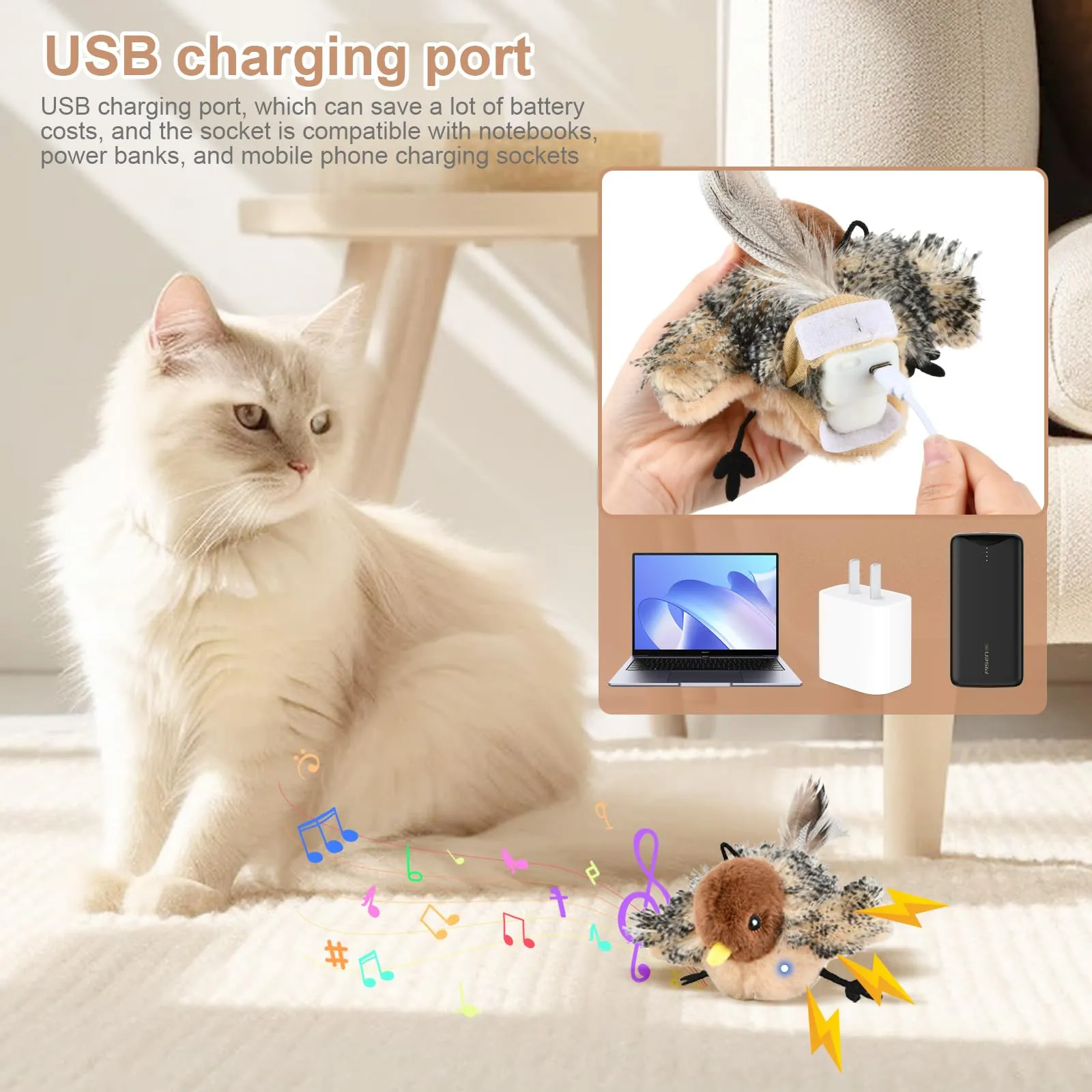 Mapille Uccello Giocattolo per Gatti che Sbatte con Erba Gatta, Telecomando, Interactive Chirping Bird Cat Toy, Gioco Gatto Uccellino Che Vola, Giochi Interattivi Per Gatti - immagine 6