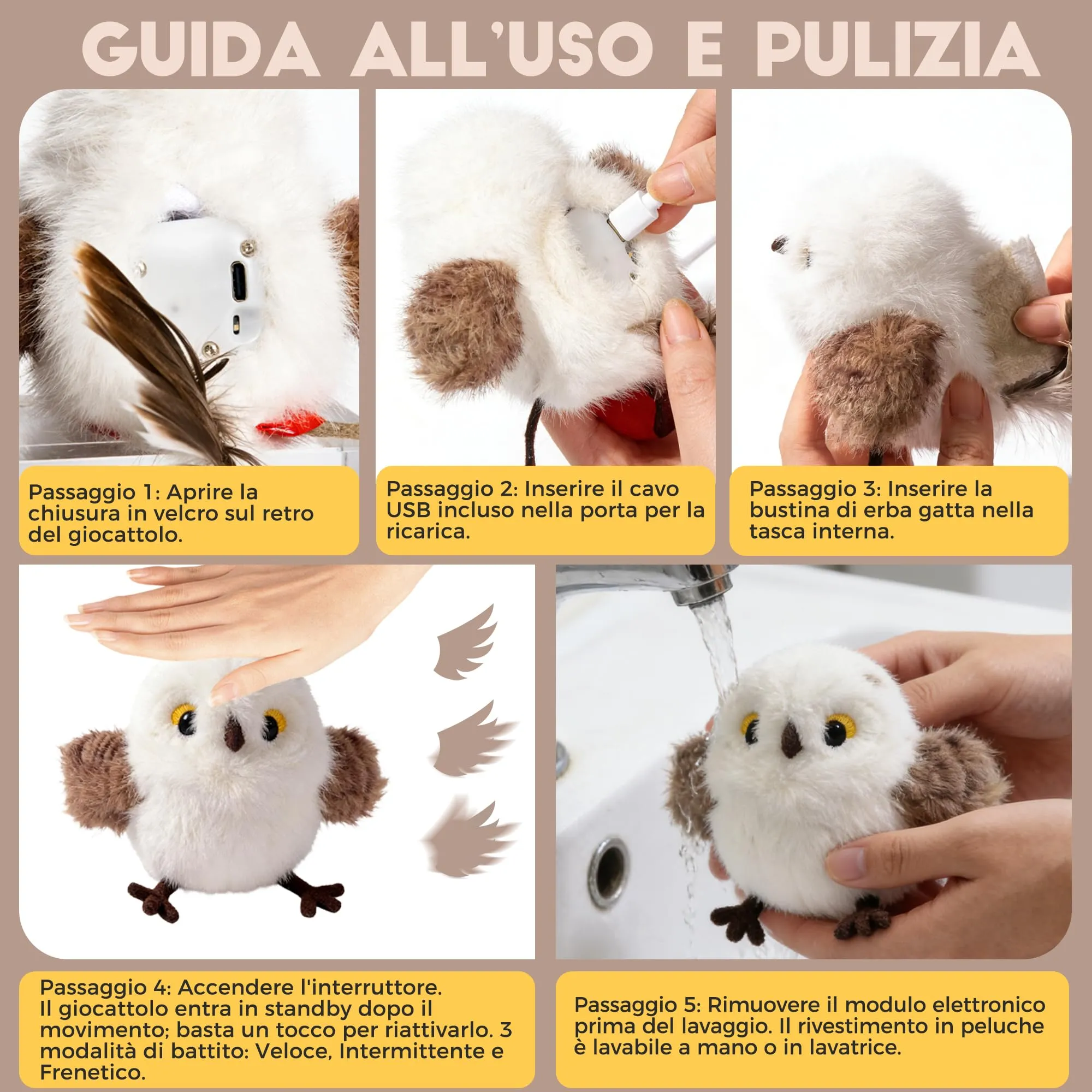 Iriisy Uccello Interattivo per Gatti Gioco per Gatto Giochi per Gatti Uccellino con Sensore di Movimento Resistente Ricaricabile USB-C, con Erba Gatta (Bianco) - immagine 2
