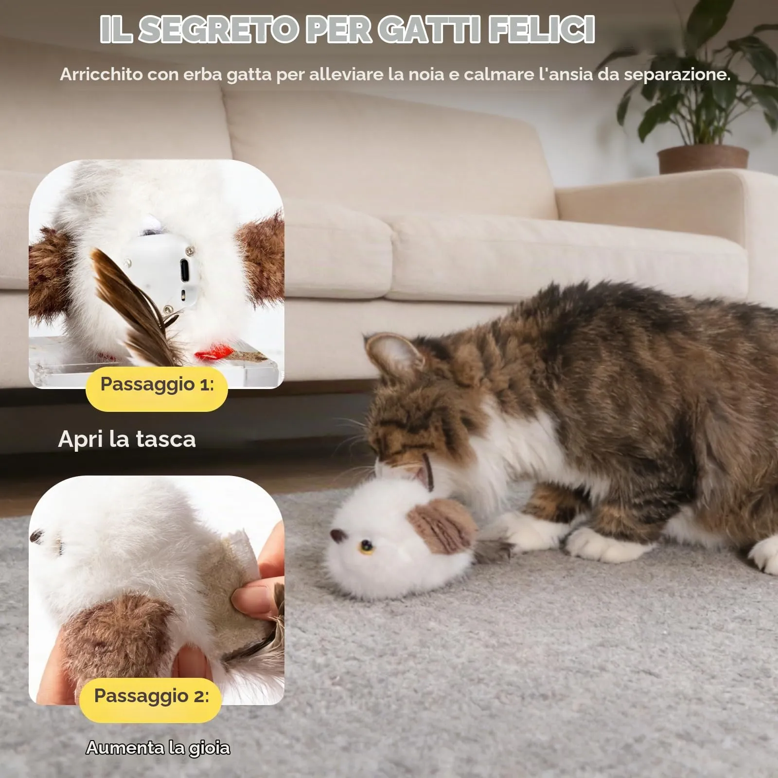 Iriisy Uccello Interattivo per Gatti Gioco per Gatto Giochi per Gatti Uccellino con Sensore di Movimento Resistente Ricaricabile USB-C, con Erba Gatta (Bianco) - immagine 5